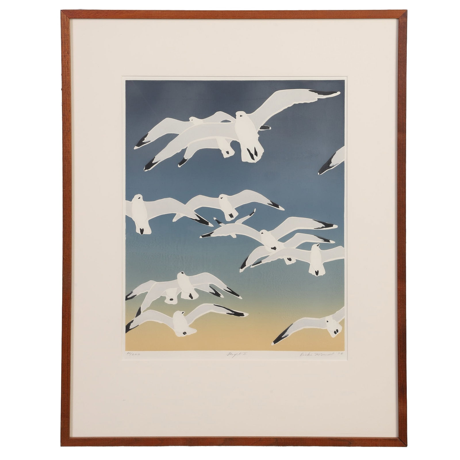 McNeill, Ricki (American 20th C): Ricki McNeill American 20th C Flight I, 1978 Screenprint Seagulls. Of an edition, numbered 10/200. Framed under glass. Pencil signed. Image Height: 19 in, Image Width: 15 in, Framed Height: 29 in,