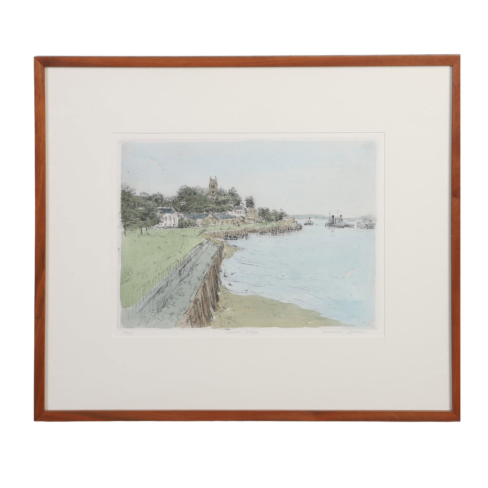 Blaker, Michael (American 20th C): Michael Blaker American 20th C Coastal Village Lithograph Of an edition, numbered 25/175. Framed under glass. Pencil signed. Image Height: 12 in, Image Width: 15 1/2 in, Framed Height: 20 3/4 in,