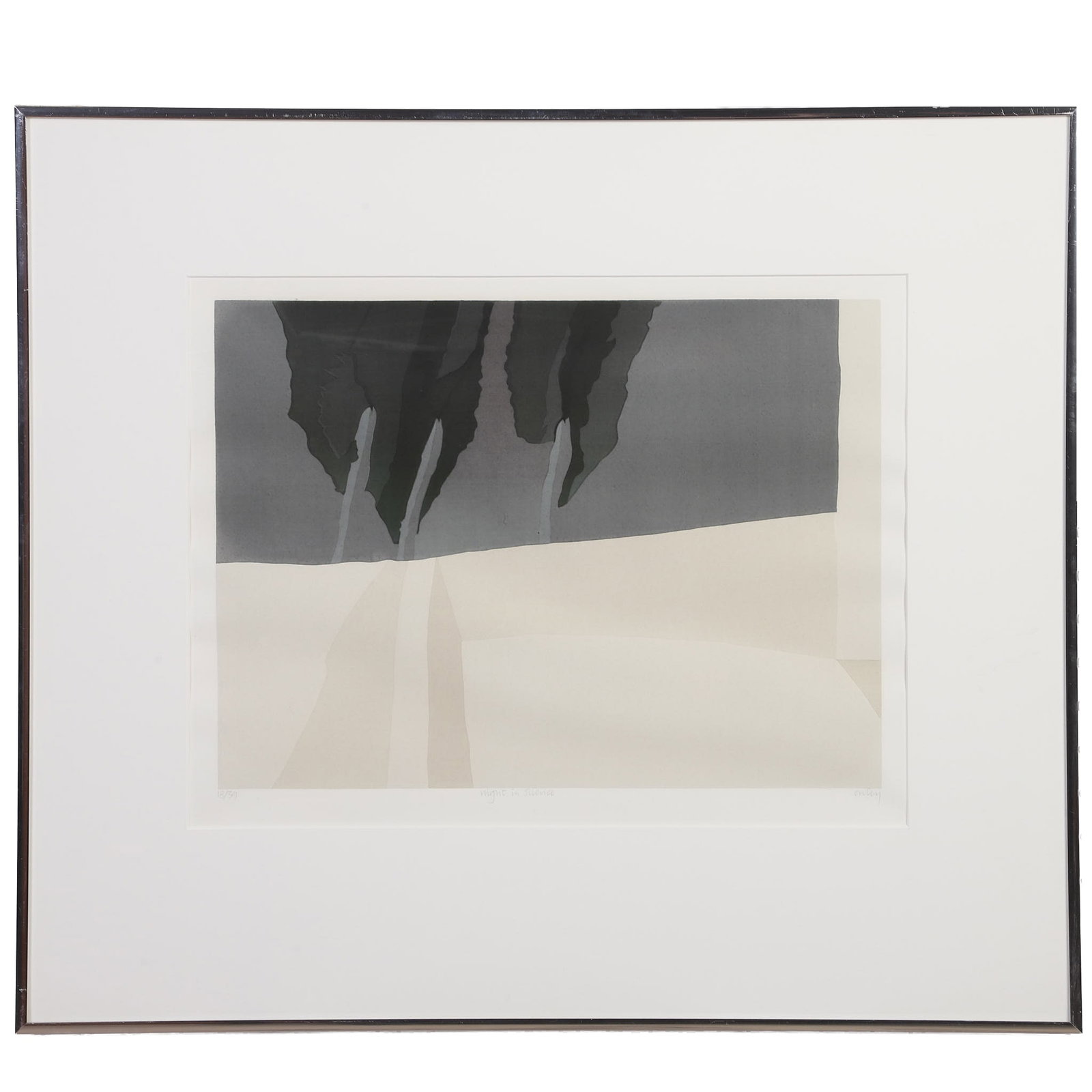 Onley, Toni (Canadian 1928-2004): Toni Onley Canadian 1928-2004 Night in Silence Screenprint of an edition, numbered 18/39. Framed under glass. Pencil signed. Image Height: 18 in, Image Width: 19 in, Framed Height: 21 in, Framed