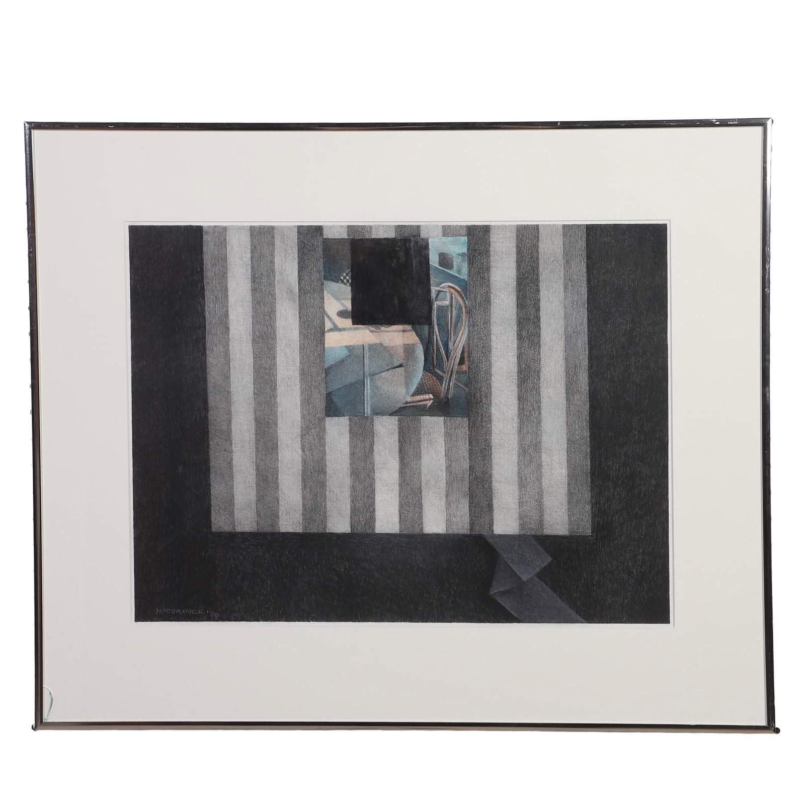 McCormick, Jim (American 20th C): Jim McCormick American 20th C Formalities #4, 1980 Graphite and colored pencil on paper. Framed under glass. Signed, lower right hand corner. Image Height: 15 in, Image Width: 20 in, Framed Height: