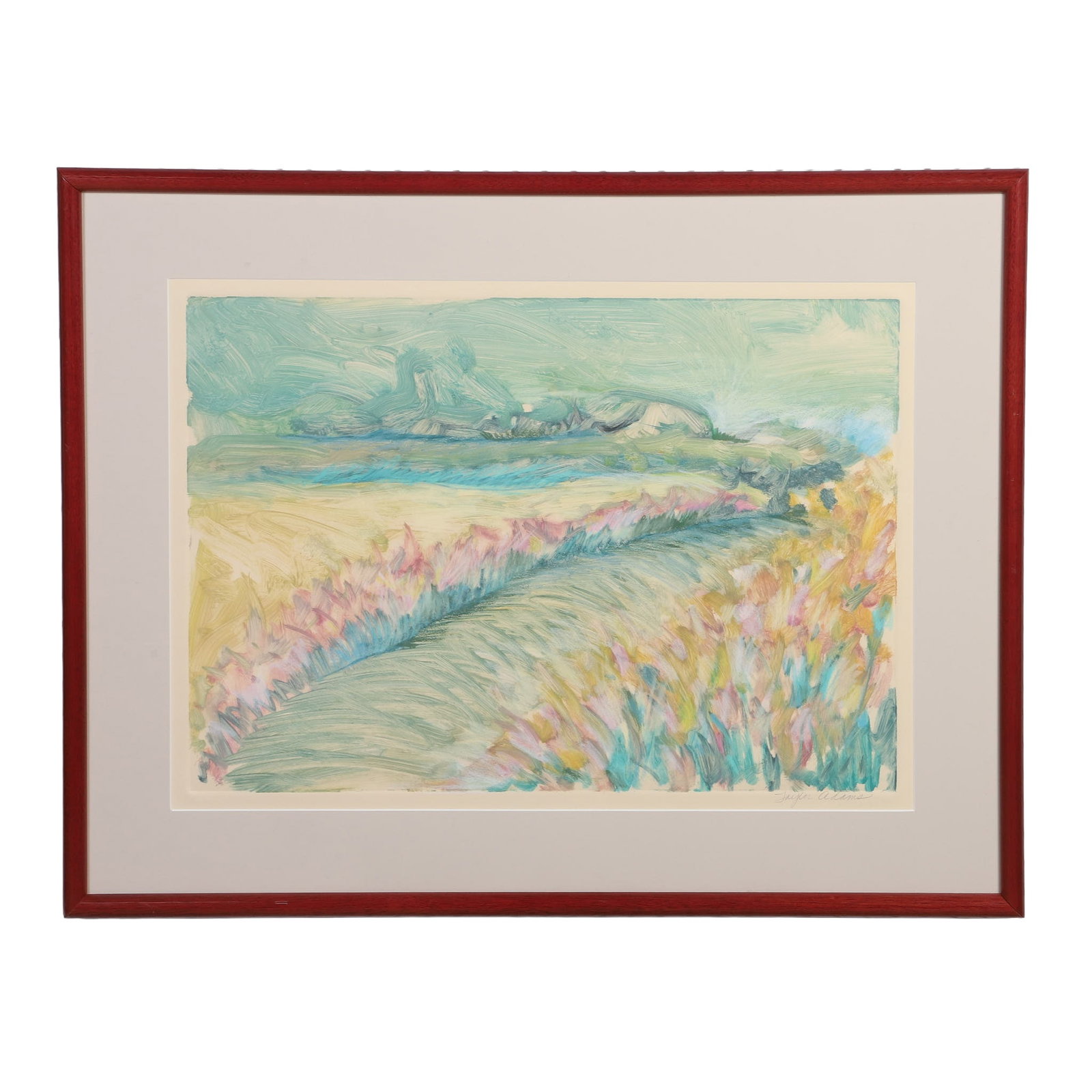 Adams, Taylor: Taylor Adams Untitled Landscape Acrylic on paper. Rows of wildflowers and grass under vast open sky. Framed under glass. Pencil signed. Image Height: 18 in, Image Width: 25 in, Framed Height: 25 in,