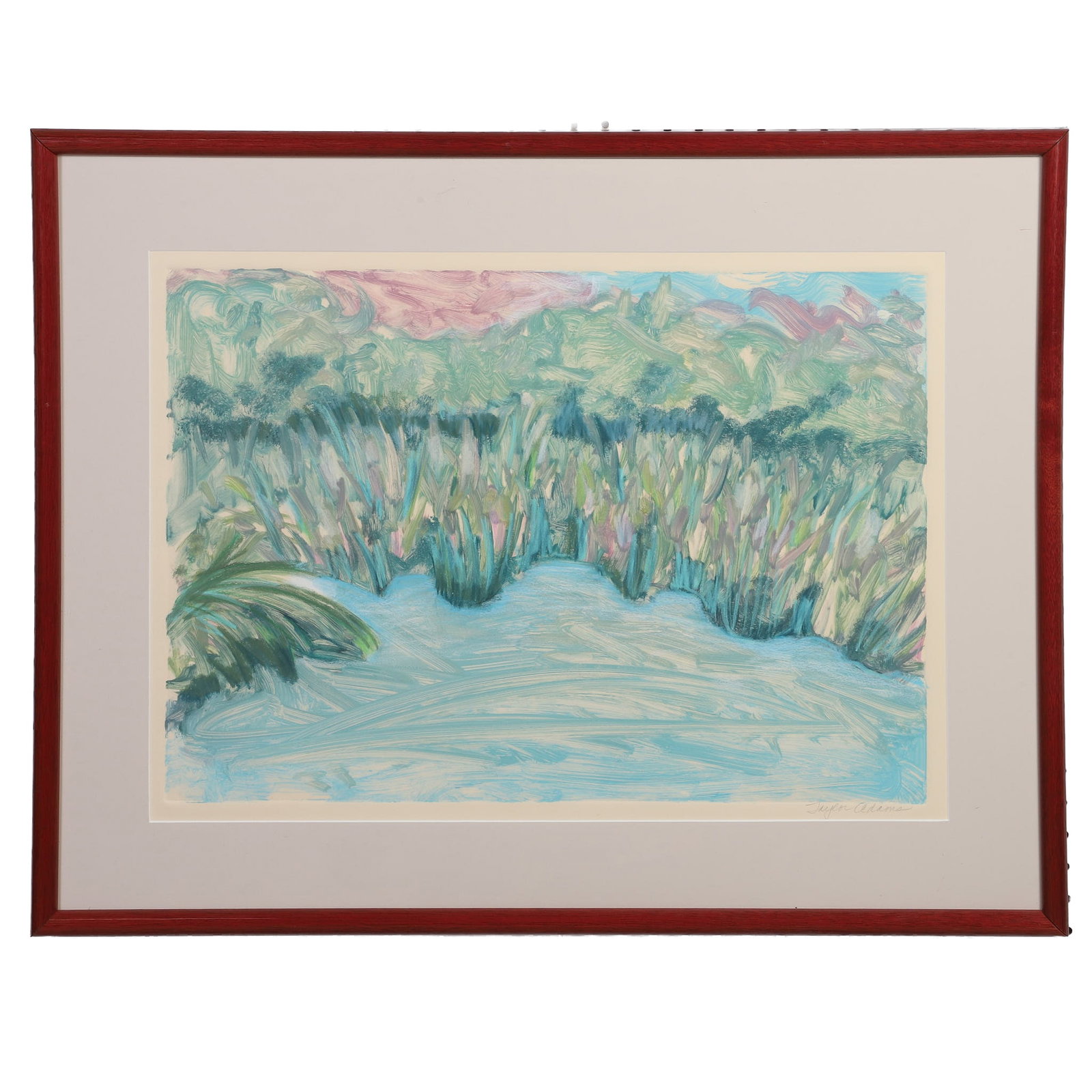 Adams, Taylor: Taylor Adams Untitled Fauvism Style Landscape Acrylic on paper Framed under glass. Pencil signed. Image Height: 18 in, Image Width: 25 in, Framed Height: 25 in, Framed Width: 32 in