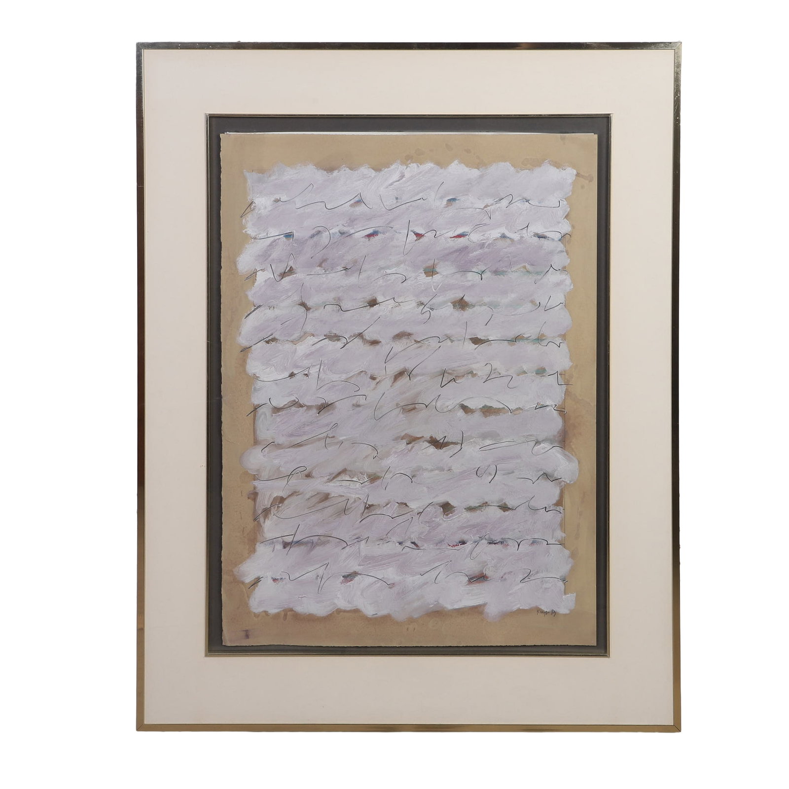 Modernist Abstract: Modernist Abstract Composition, 1983 Artist unknown. Signed illegibly. Acrylic on paper. Signed lower right hand corner. Framed under glass. Image Height: 30 in, Image Width: 21 3/4 in, Framed