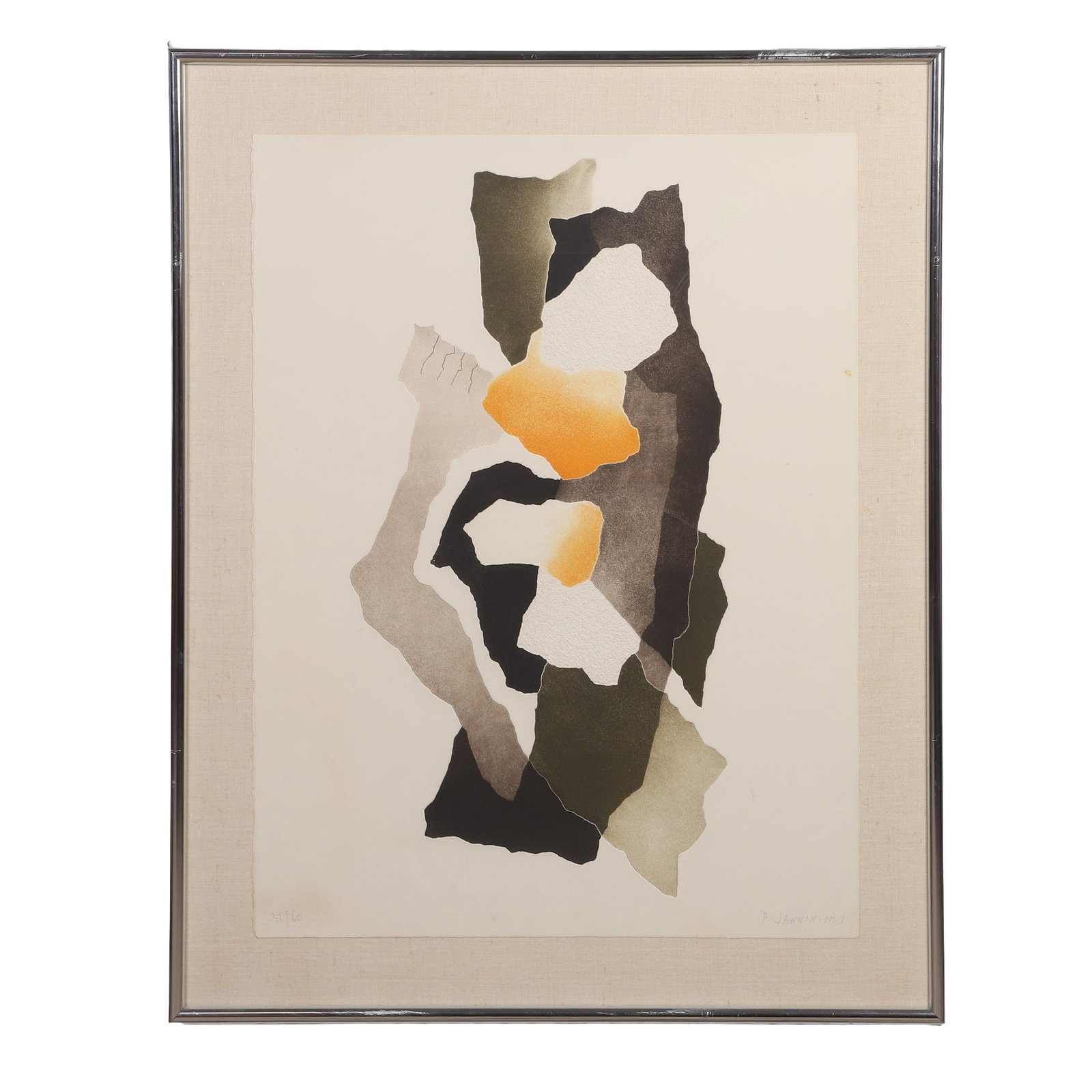 Jannin-Oms, Patrick (French 20th C): Patrick Jannin-Oms French 20th C Untitled (Abstract Composition) Lithograph. Of an edition, 37/60. Framed under glass. Pencil signed. Image Height: 29 1/2 in, Image Width: 22 in, Framed Height: 35