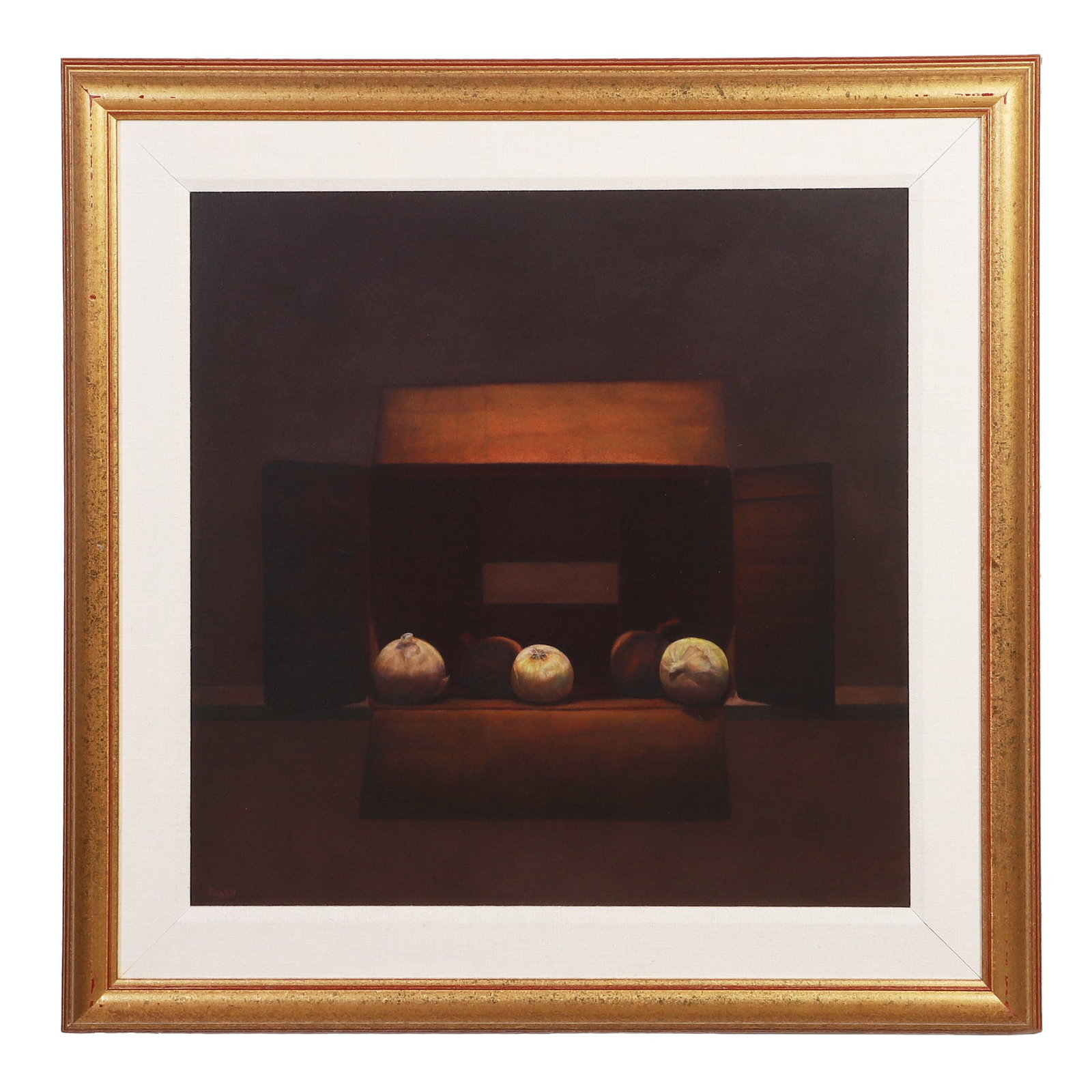Kinsell, Robert (American 1951-2025): Robert Kinsell American 1951-2025 Untitled (Onions) Oil on board Hyper-realistic still life of onions resting in an open cardboard box. Image Height: 24 in, Image Width: 24 in, Framed Height: 32 in,