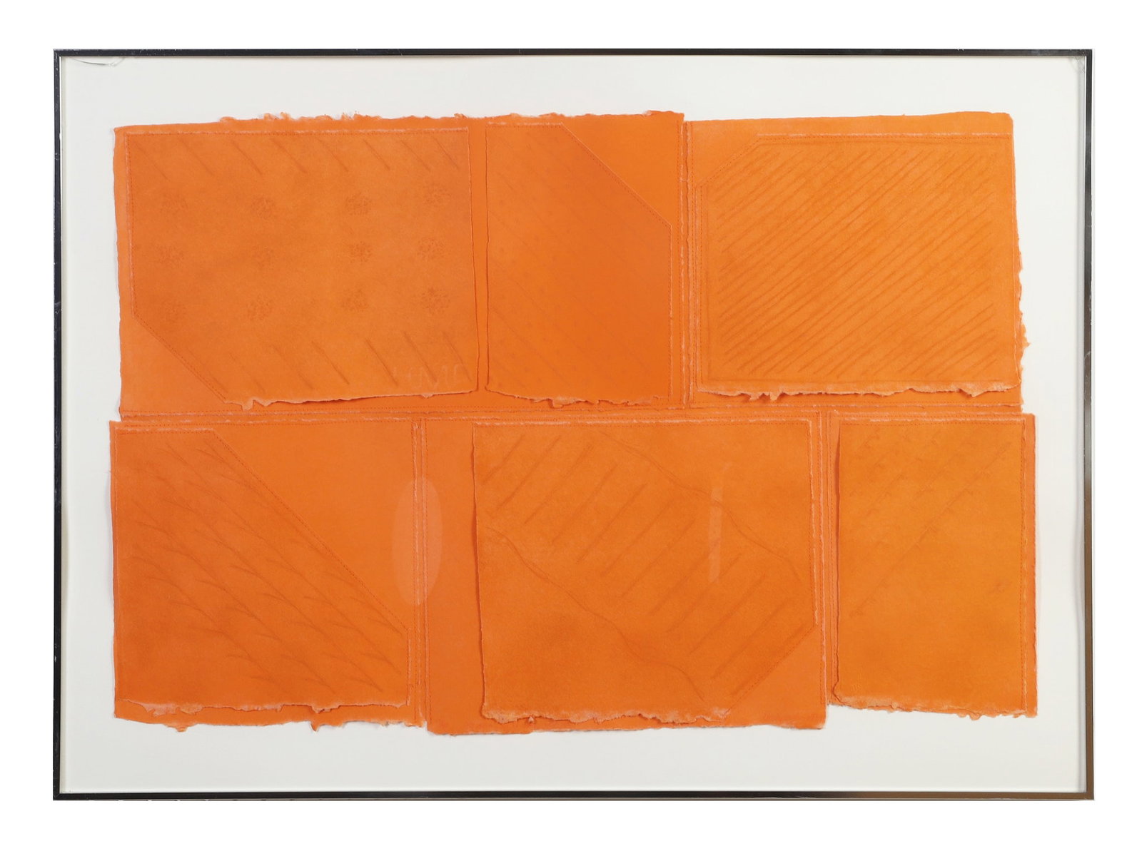 Fuller, Emily Rutgers (American 20th C): Emily Rutgers Fuller American 20th C Ashokan Spill Way Orange Acrylic on sewn paper Modernist assemblage. Framed under glass. Image Height: 21 3/4 in, Image Width: 32 1/4 in, Framed Height: 26 1/4