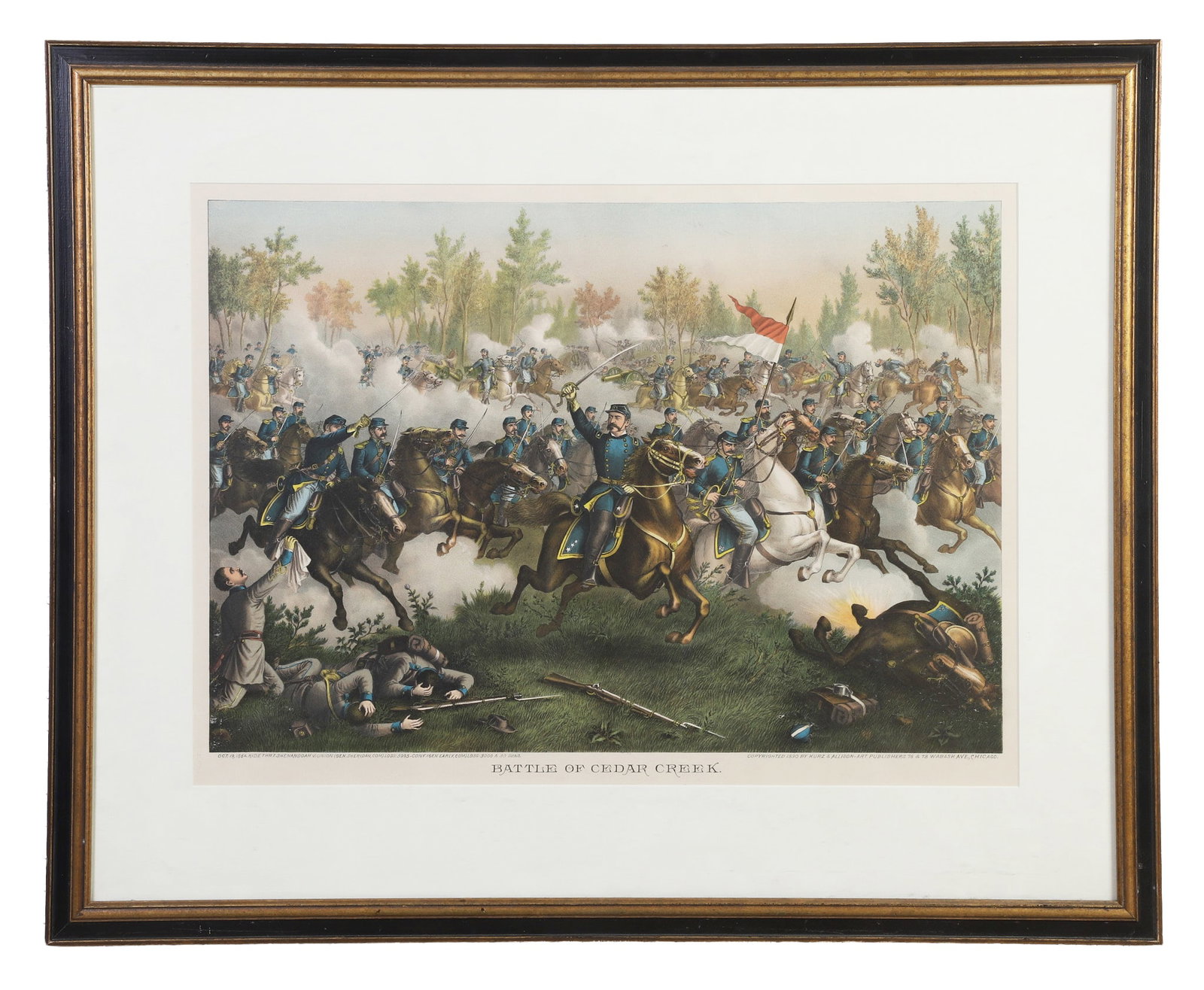 Colored Engraving: 19th C Kurz and Allison Colored Engraving American Civil War Scene, "Battle of Cedar Creek" Framed under glass. Image Height: 19 in, Image Width: 26 in, Framed Height: 28 in, Framed Width: 35 in