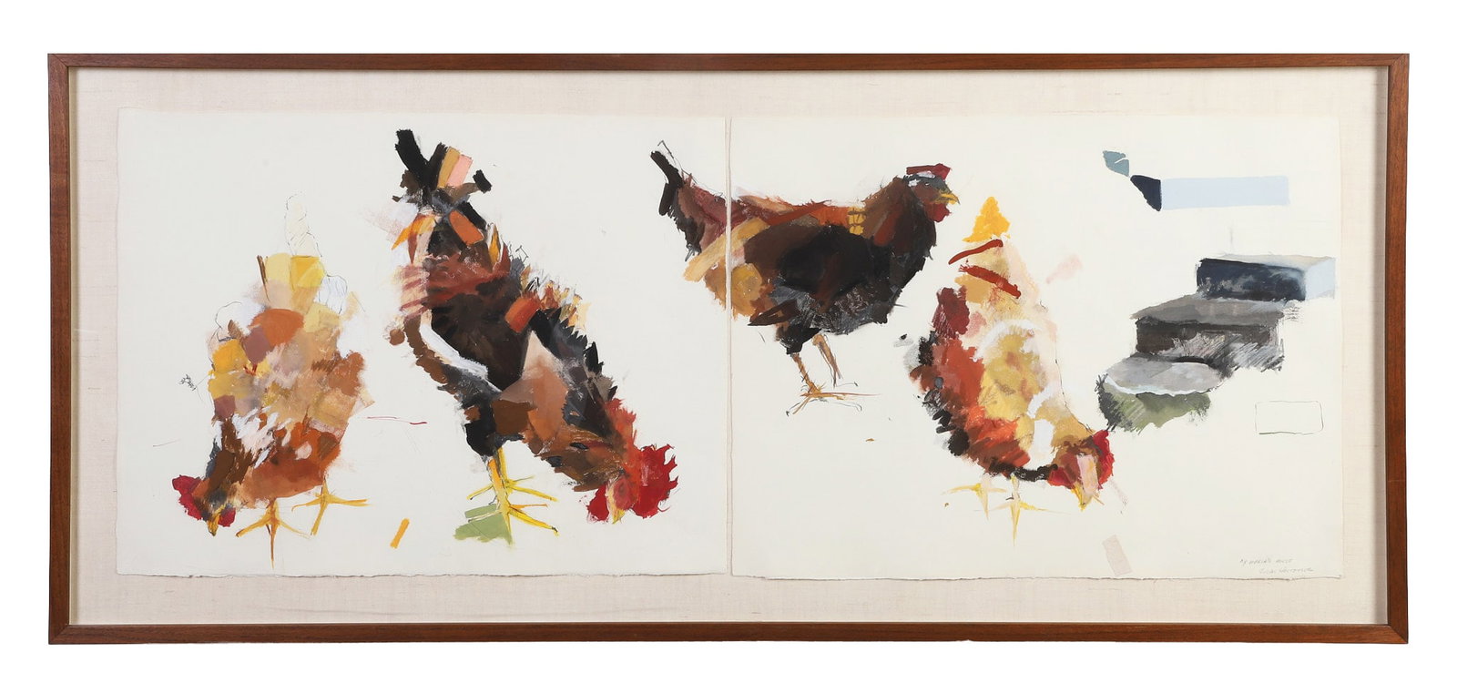 Hostetler, Susan (American 20th C): Susan Hostetler American 20th C By Maria's House Pastel on paper Whimsical rooster and hen vignette. Framed under glass. Pencil signed. Image Height: 19 in, Image Width: 52 in, Framed Height: 24 in,