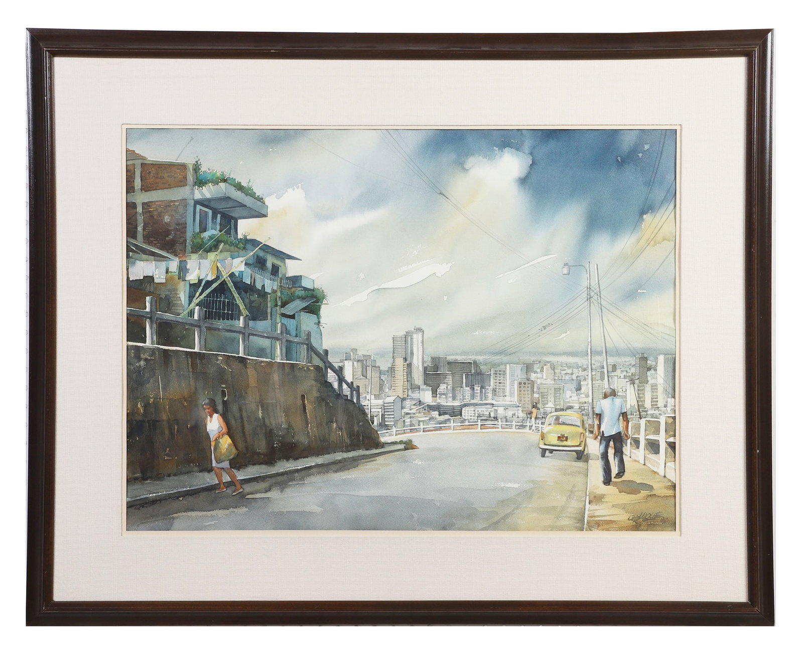 Watercolor Street: Signed Wolfe, Untitled (Cityscape) 1988 Watercolor Street with home, yellow car and pedestrians. Street sits atop a hill and slopes down toward a city skyline. Signed & dated lower right. Image Height