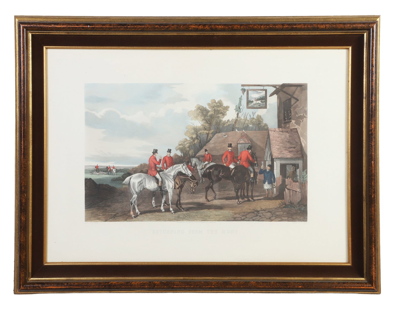 Lithograph: After Shayer, Fox Hunt Lithograph Lithograph print entitled "Returning from the Hunt" by William Shayer, engraved by C.R. Stock. Image Height: 23 in, Image Width: 32 in, Framed Height: 29 1/2 in,