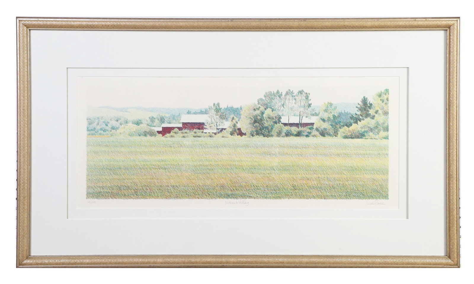 Pease, Mike (American 20th C): Mike Pease American 20th C Two Barns Lithograph Of an edition, numbered 14/120. Framed under glass. Pencil signed. Image Height: 13 in, Image Width: 33 in, Framed Height: 25 1/2 in, Framed Width: 46