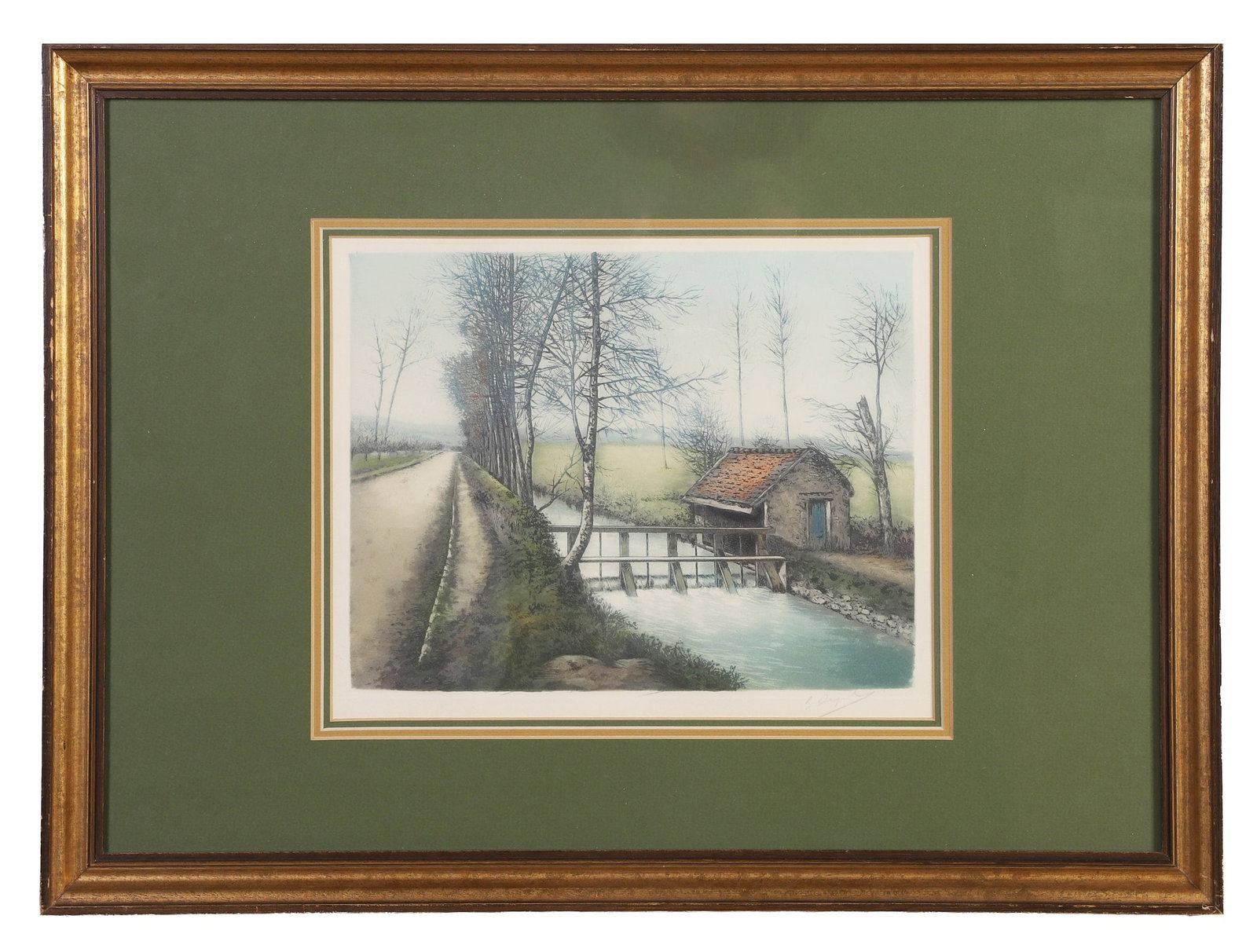 Attributed to Henri Dupont, Etching: Attributed to Henri Dupont, Etching Hand colored etching of a rural canal-side dwelling. Framed under glass. Pencil signed. Image Height: 10 in, Image Width: 12 1/2 in, Framed Height: 18 1/2 in,