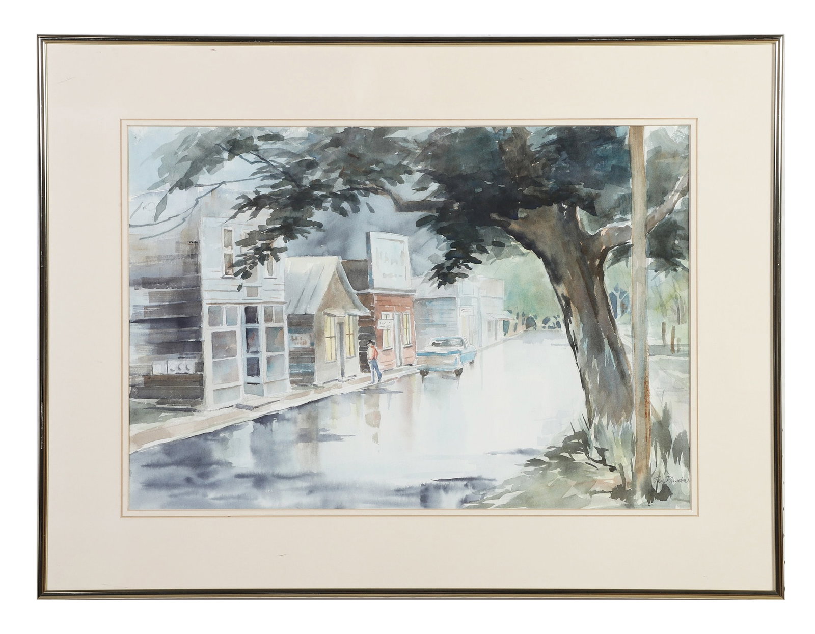 Plowden, Tee (20th C): Tee Plowden 20th C Old Low Country Street, 1966 Watercolor on paper. Framed under glass. Signed, lower right hand corner. Image Height: 30 in, Image Width: 42 in, Framed Height: 34 in, Framed Width:
