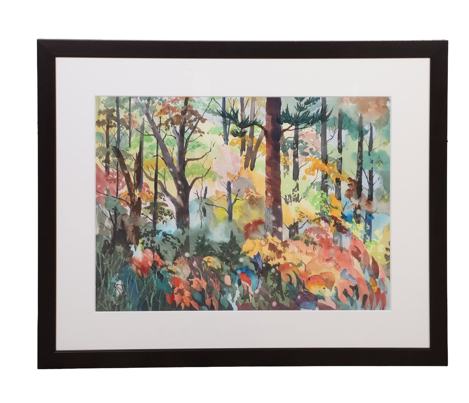 Colorful woodland landscape: Untitled (Forest) Colorful woodland landscape. Watercolor. Signed lower left, possibly Klintt Image Height: 22 in, Image Width: 30 in, Framed Height: 34 1/2 in, Framed Width: 42 in