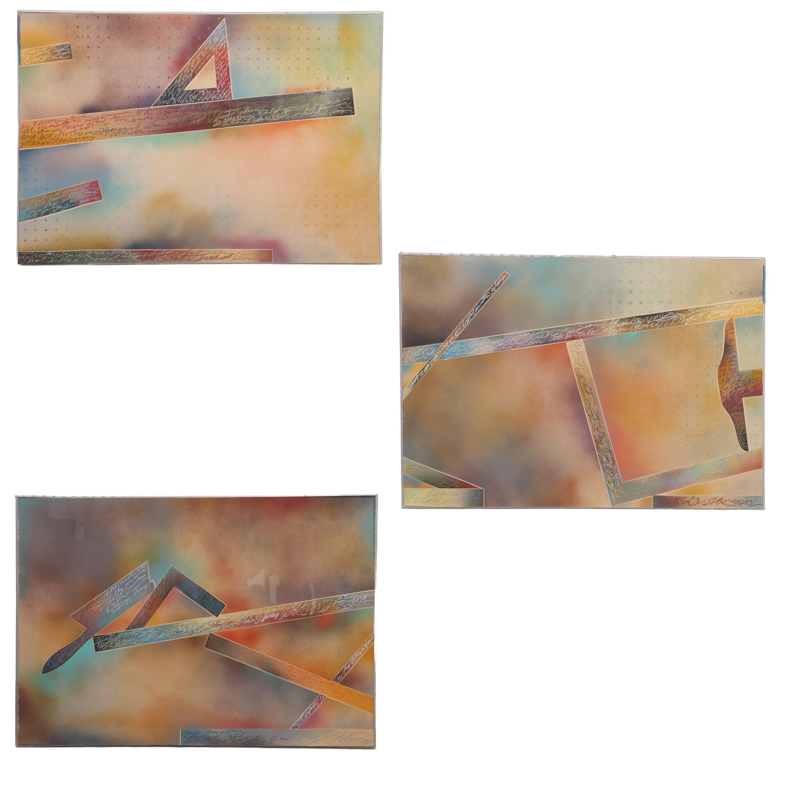 Martin, Vance (American b. 1953): Vance Martin American b. 1953 TOOLS VII Mixed Media Three panels in spray enamel and color pencil on paper showing tools such as rulers, brush, squares, etc. all with writing over the silhouettes.