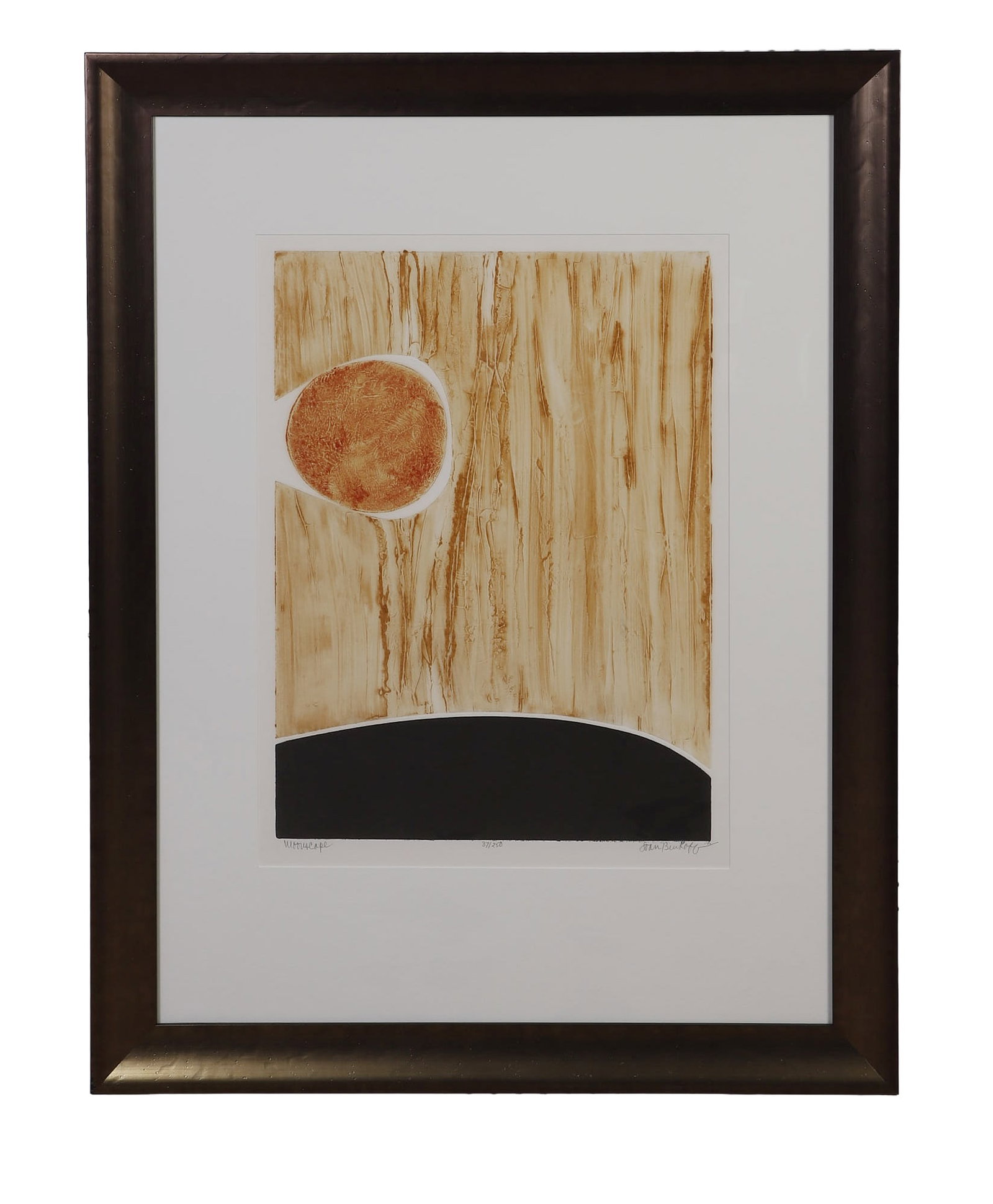 Binkoff, Joan (American 20th C): Joan Binkoff American 20th C Moonscape Collograph Yellow and black color block landscape with full moon. Of an edition 37/250. Signed. Image Height: 23 3/4 in, Image Width: 17 1/2 in, Framed Height: