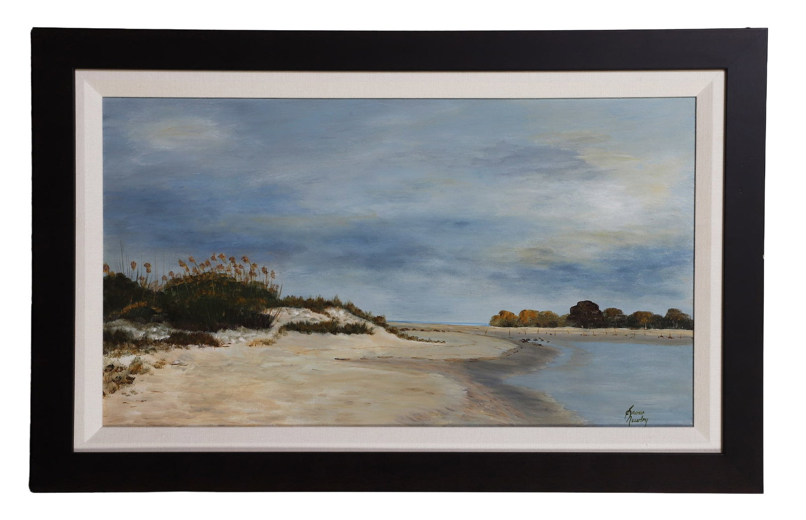 Newby, Snow (20th C.): Snow Newby 20th C. Ocean Creek Acrylic on board Beach landscape with dunes, vegetation. Signed lower right. Image Height: 13 1/2 in, Image Width: 23 7/8 in, Framed Height: 18 1/4 in, Framed Width: 28