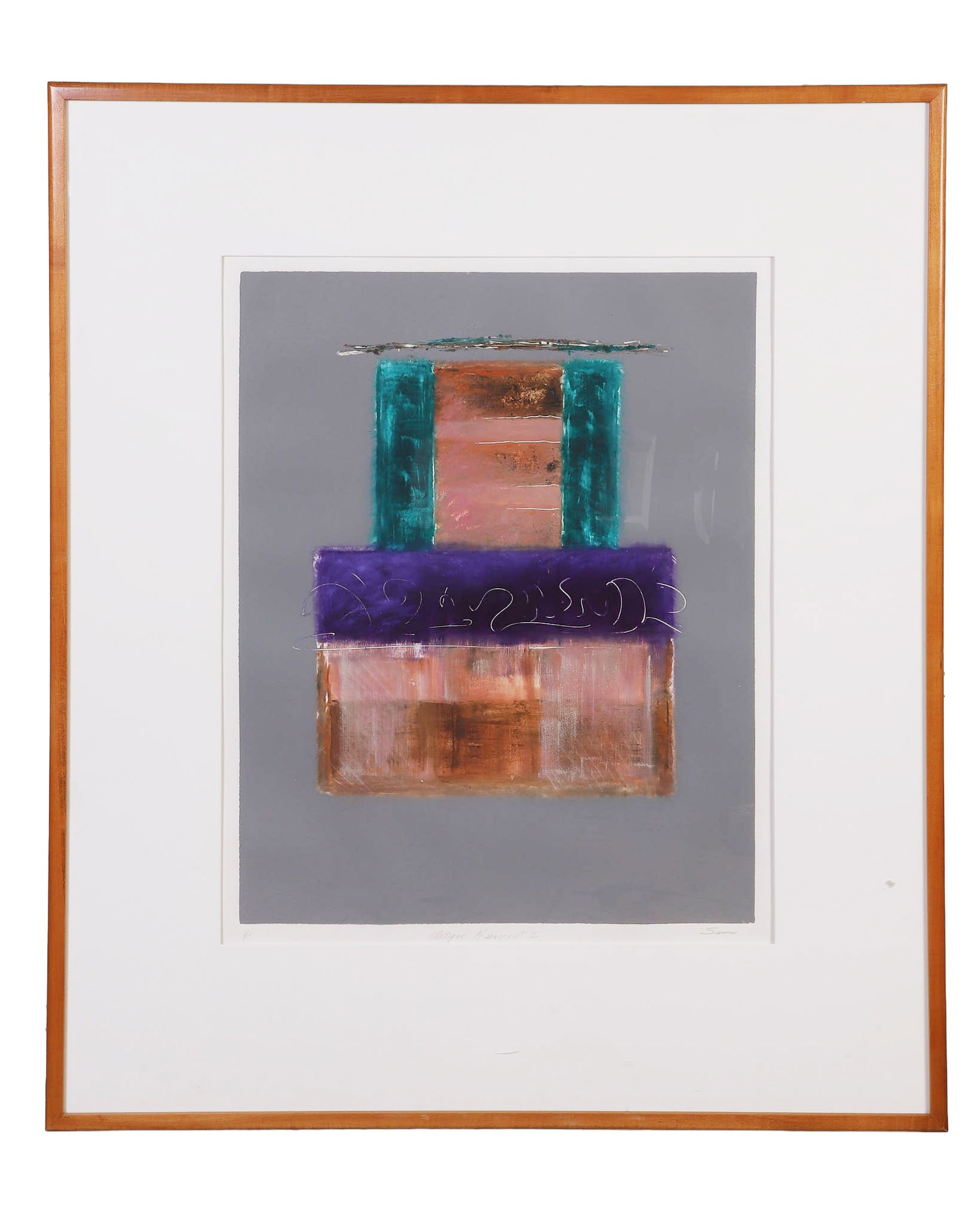 Sami, (20th C): Sami 20th C Antique Manuscript I Monoprint Inscribed 1/1 and signed. Image Height: 28 1/4 in, Image Width: 22 1/4 in, Framed Height: 45 1/2 in, Framed Width: 39 in