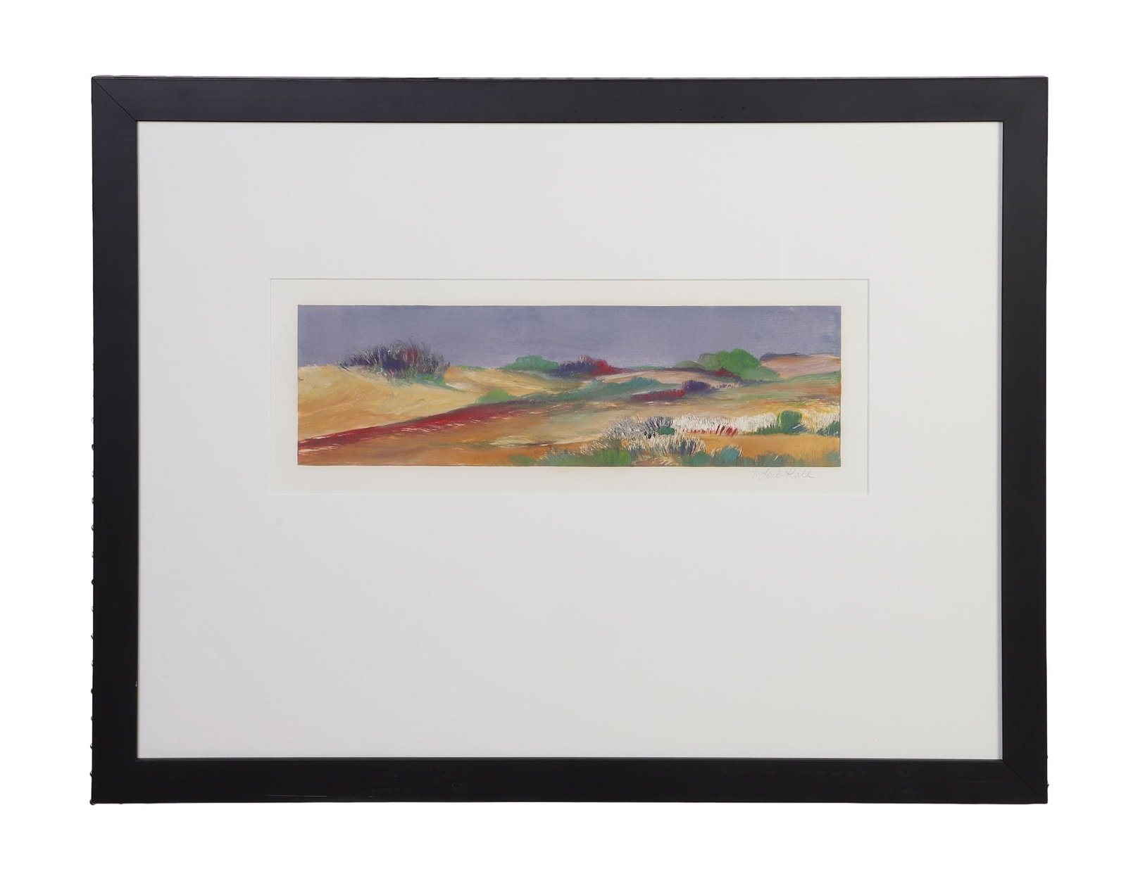 Kale, Linda (20th C.): Linda Kale 20th C. Untitled (Hillside Landscape) Monotype on paper Signed lower right and inscribed 1/1. Image Height: 6 in, Image Width: 24 in, Framed Height: 28.75 in, Framed Width: 36.25 in