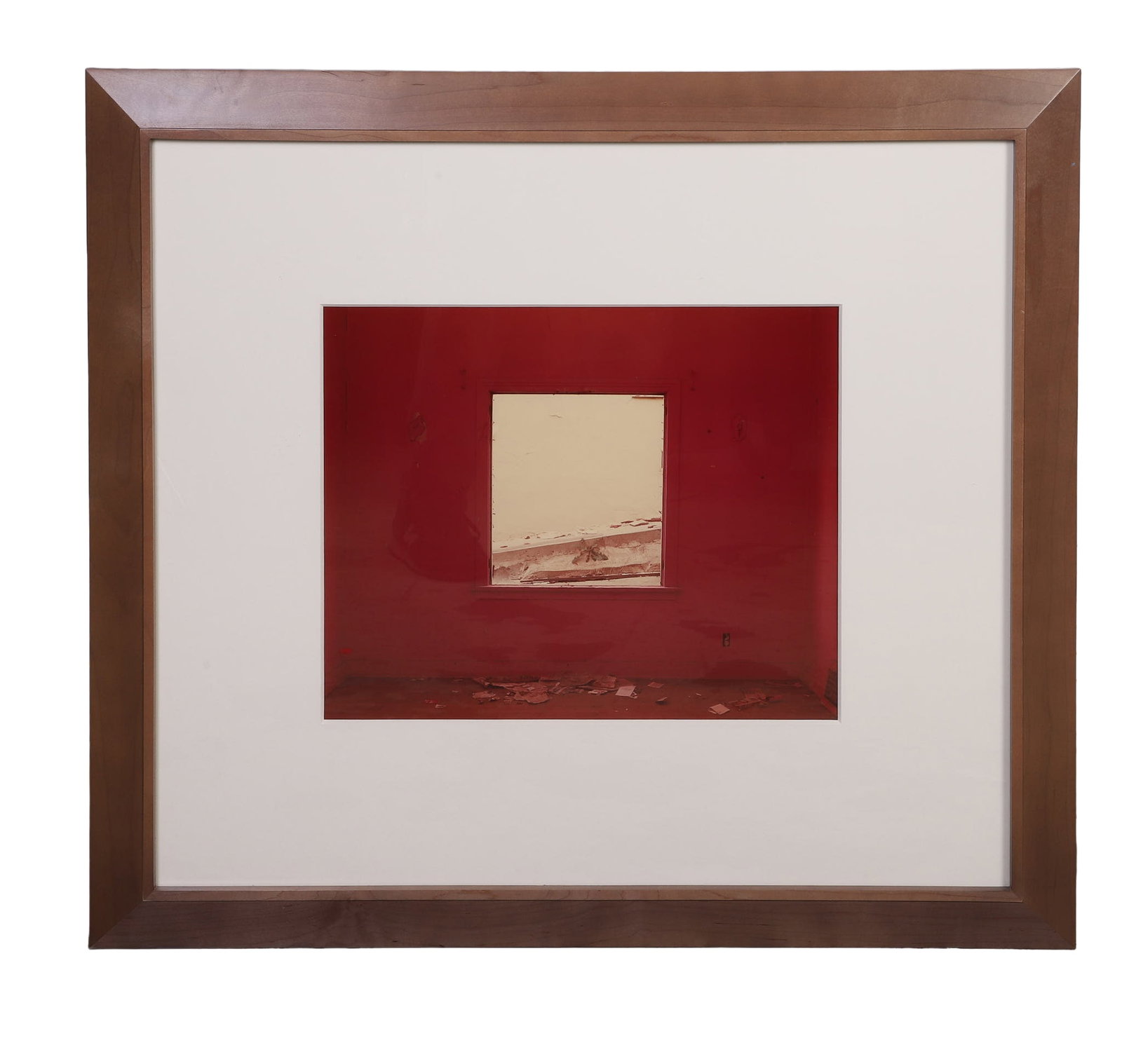Photographic Composition: Red Room, Photographic Composition Unknown Artist. Chromogenic print. Dramatic interior view looking out through window. Framed under glass. Bearing label of OTA House on obverse. Image Height: 20
