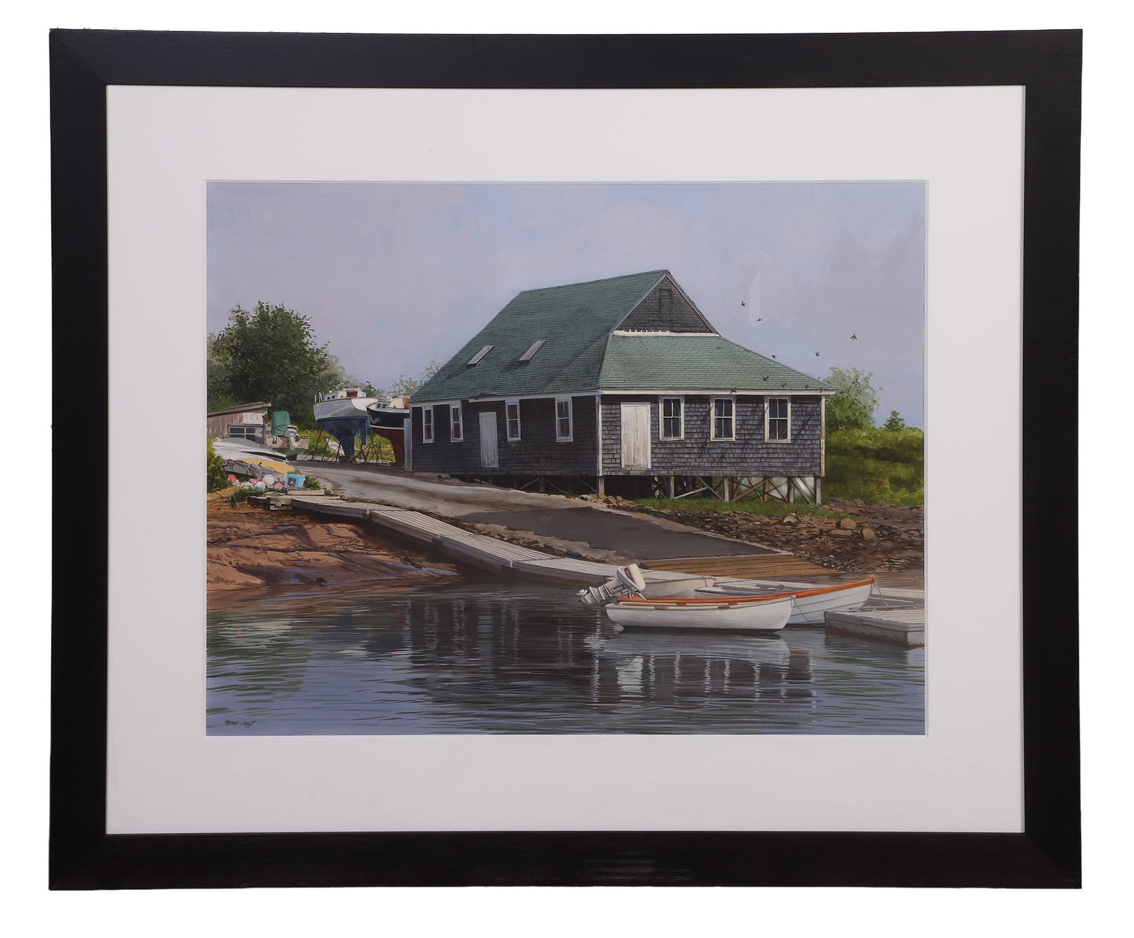 Hoyt, William Brewster (American 20th C): William Brewster Hoyt American 20th C Swallows Acrylic on paper. Boatyard landscape with swallows flying above home by boat ramp and water in the foreground. Signed. Bearing label for Maine's