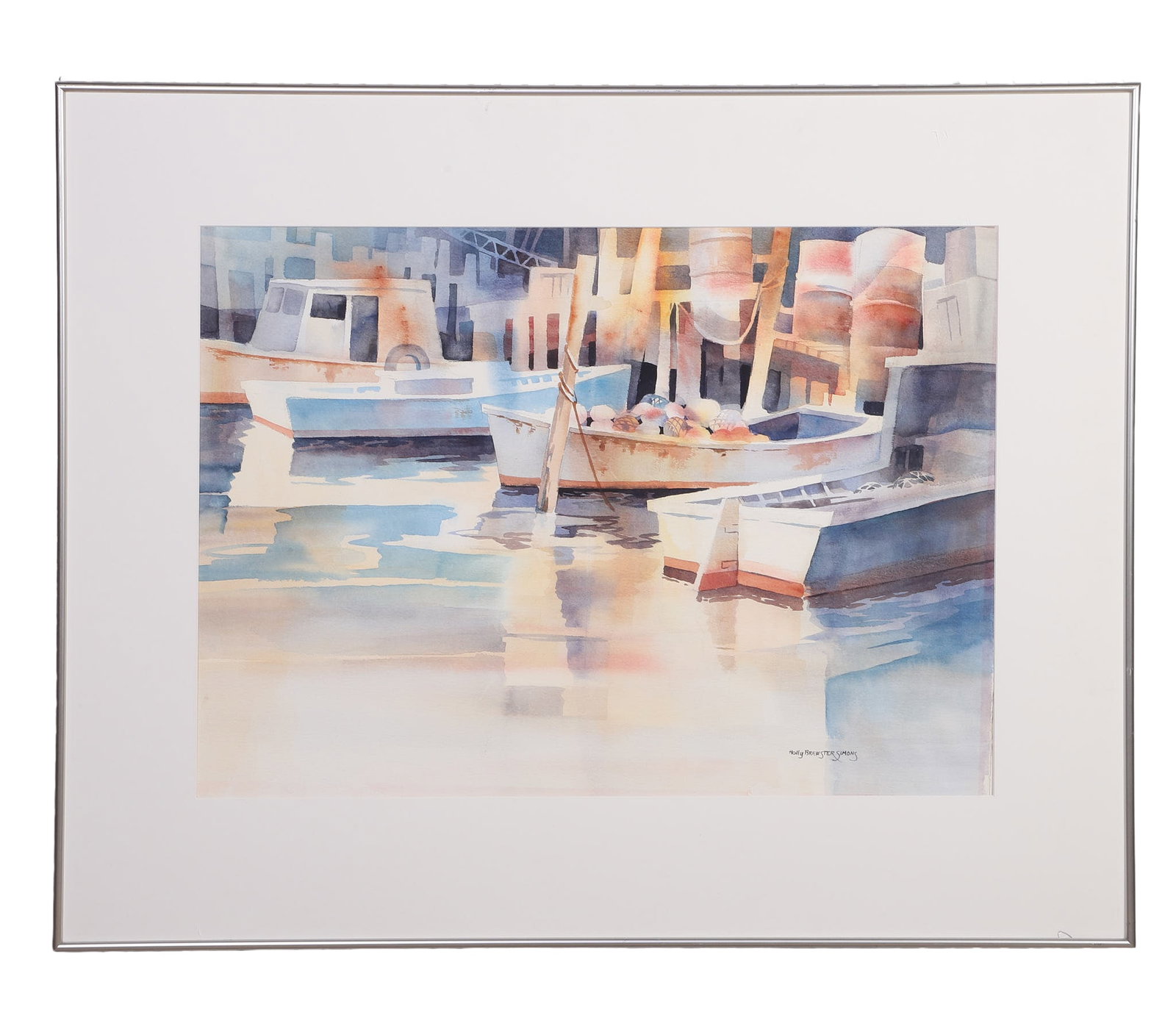 Simons, Holly Brewster (American 20th C): Holly Brewster Simons American 20th C Dockside Glow Watercolor on paper Pastel harbor scene. Signed lower right. Inscribed with title on reverse. Framed under glass. Image Height: 21 in, Image Width: