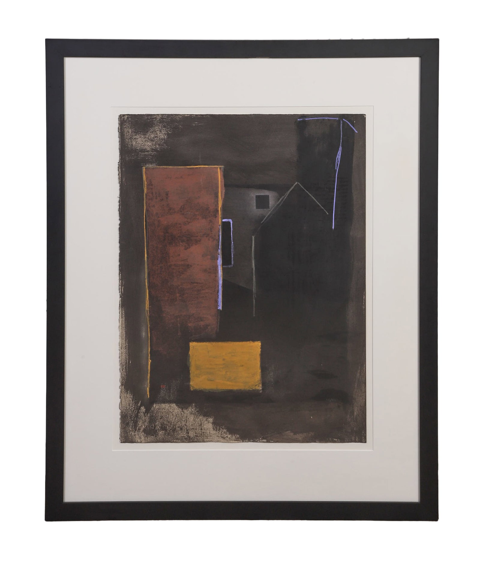Modern Abstract: Modern Abstract Composition A well inspired shadowy architectural vista. Mixed media on paper. Framed under glass. Image Height: 30 in, Image Width: 22 in, Framed Height: 43 3/4 in, Framed Width: 35 i