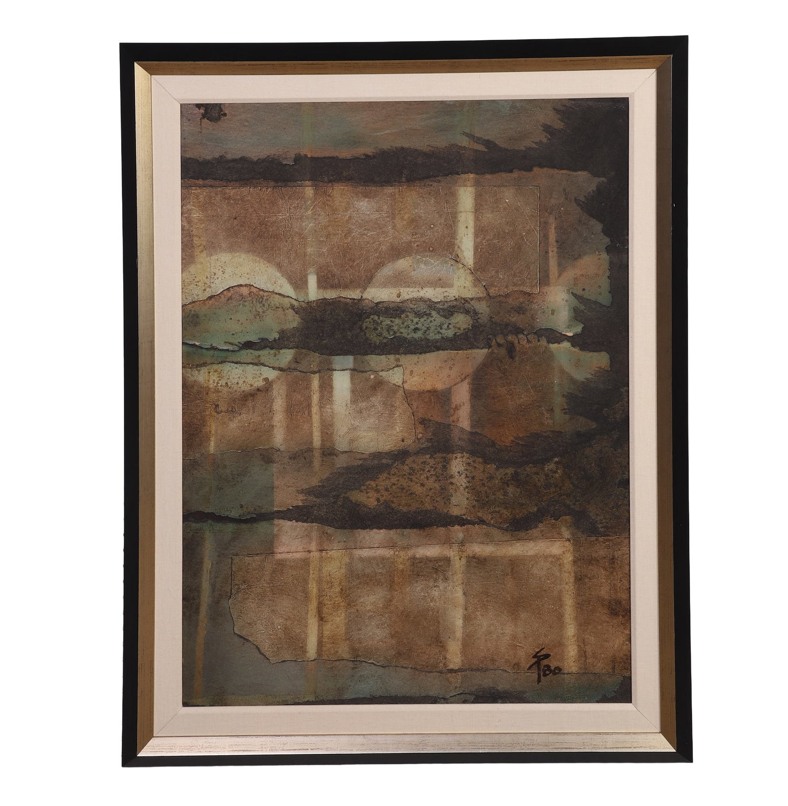 Abstract: Abstract Collage on Board, 20th C. Unknown artist. Earth tone composition. Initialed and dated "SP80". Image Height: 39 1/2 in, Image Width: 29 1/2 in, Framed Height: 46 1/2 in, Framed Width: 36 1/4