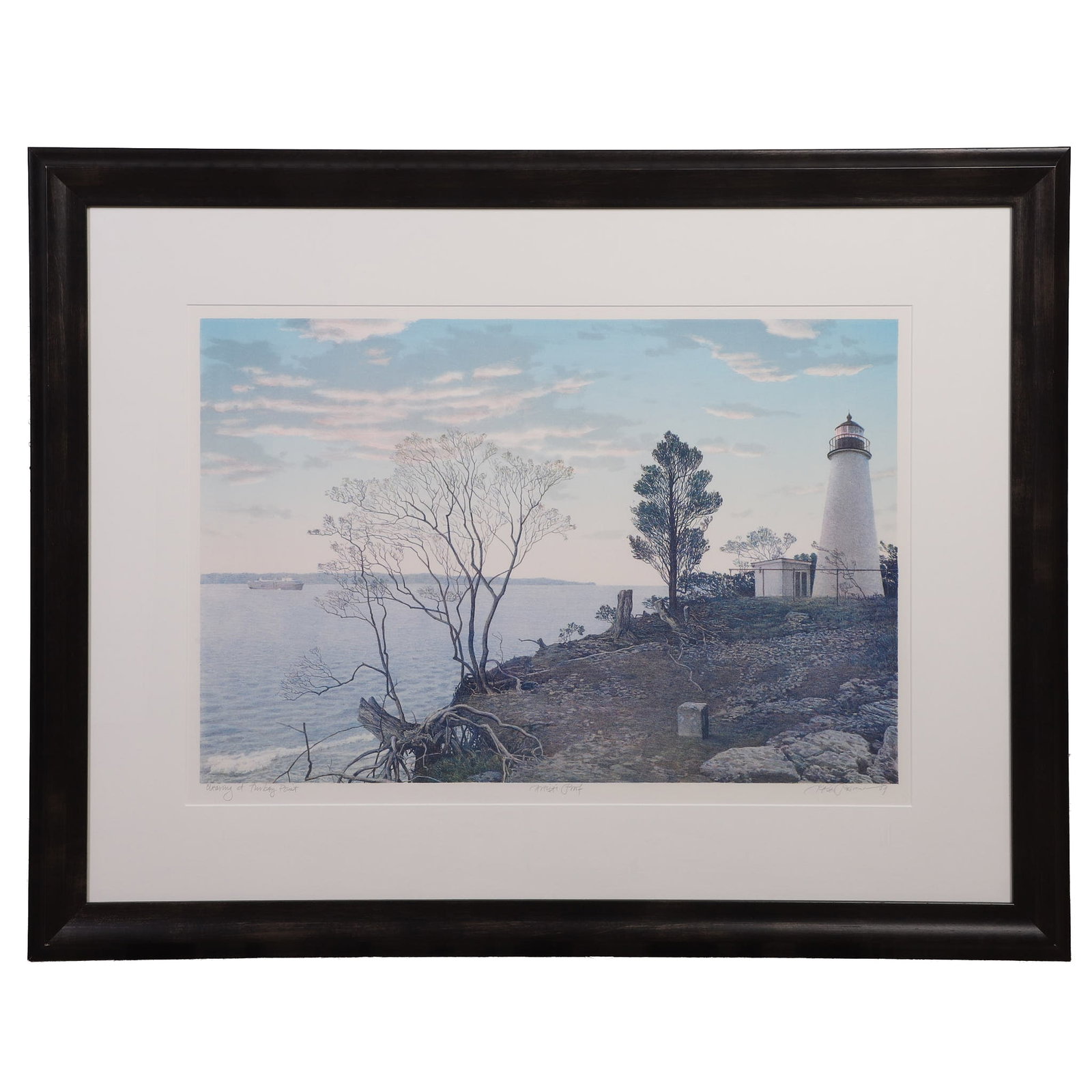 Rasmussen, Keith (American 1948-2006): Keith Rasmussen American 1948-2006 Clearing at Turkey Point Lithograph Coastal lighthouse scene located in Elk Neck State Park, Maryland, primarily overlooking the Chesapeake Bay with ship in