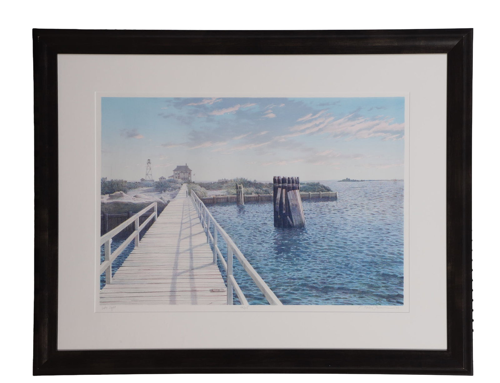Rasmussen, Keith (American 1948-2006): Keith Rasmussen American 1948-2006 Late Light Lithograph Coastal scene with dock leading to an island. Of an edition 93/125. Titled, signed and dated '90 in lower margin.