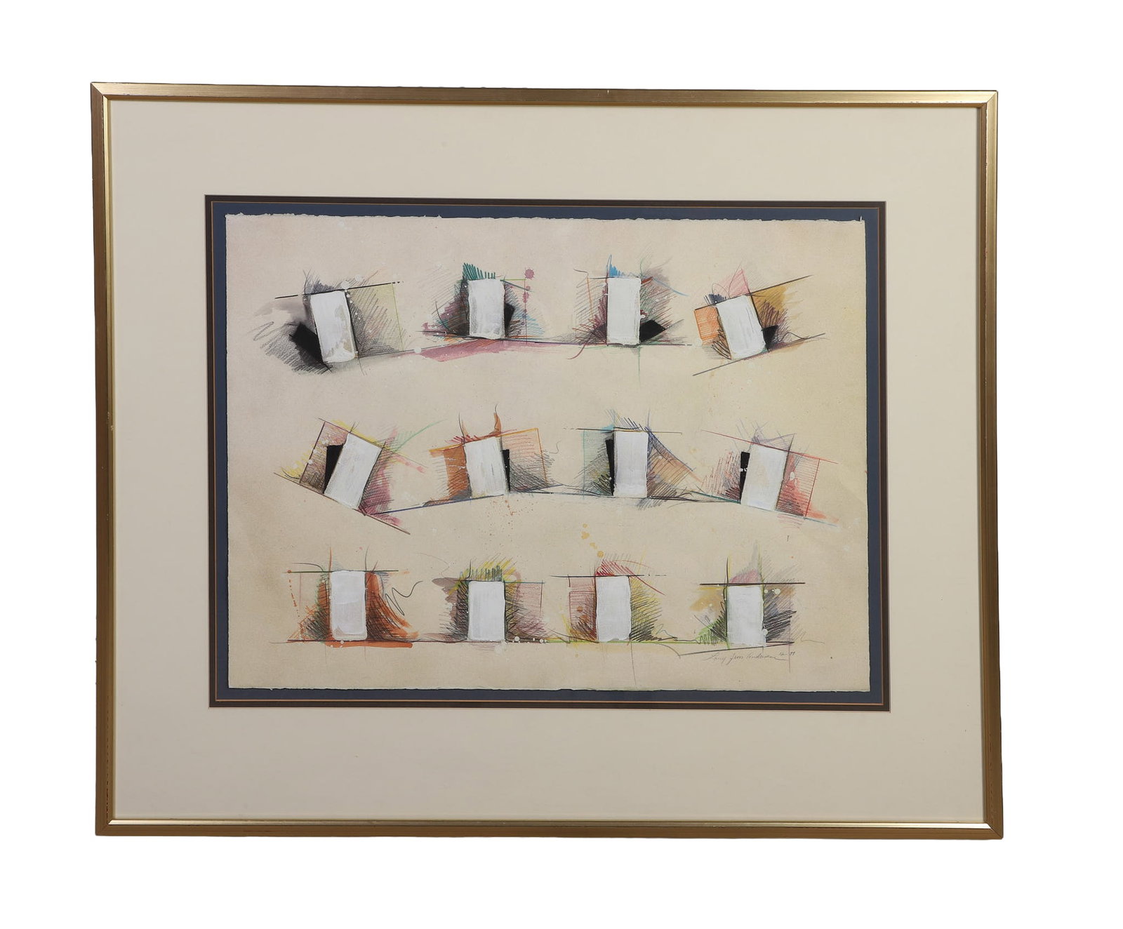 Anderson, Larry J. (American 20th C.): Larry J. Anderson American 20th C. Untitled (Abstract) Mixed Media Signed and dated 12-87. Framed under glass. Image Height: 24 in, Image Width: 33 in, Framed Height: 35 1/4 in, Framed Width: 42 1/2