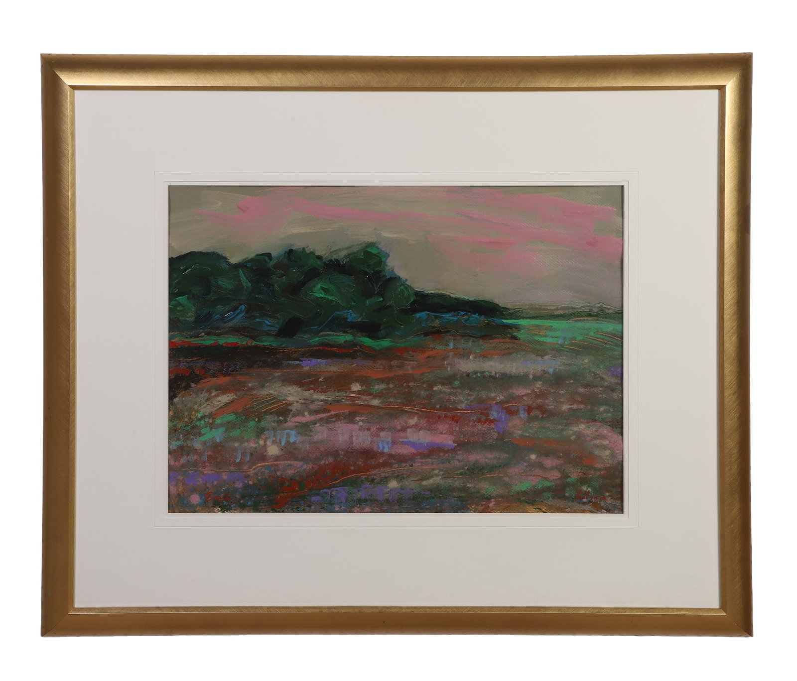 Hilson, Harry (American 20th C): Harry Hilson American 20th C East Acrylic on paper. Signed East, Landscape Composition Pastel on paper. Framed under glass. Image Height: 20 1/2 in, Image Width: 29 in, Framed Height: 37 1/2 in, Frame