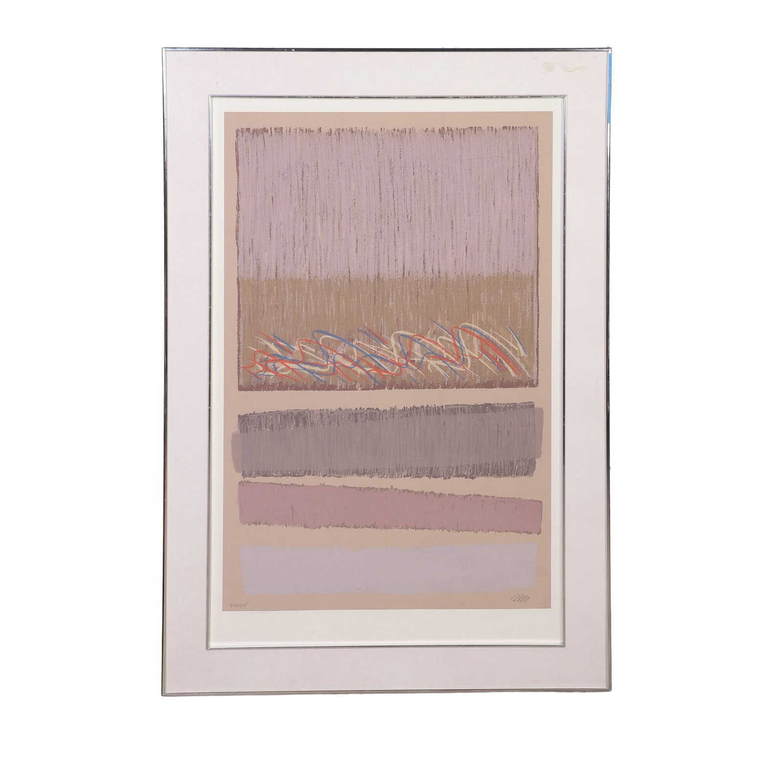 Artist, Unknown (20th C): Unknown Artist 20th C Abstract Composition Lithograph. Indistinctly signed, of an edition 271/275 Image Height: 41 in, Image Width: 27 in, Framed Height: 49 in, Framed Width: 34 in