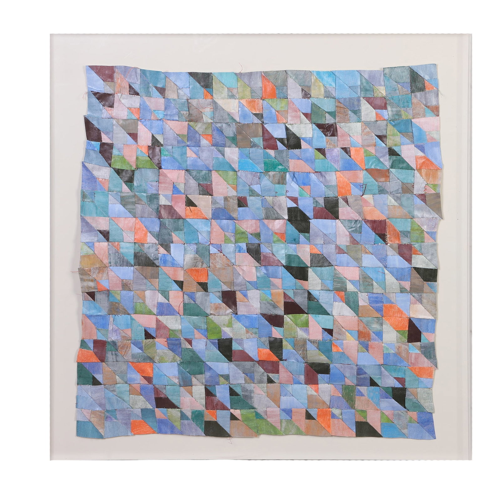 Anderson, Leon: Leon Anderson Earthboxes/Abstract Landscape III Sewn and Colored Paper Paper patchwork "quilt". Mounted in a Lucite box frame. Label for Richard Gray Gallery affixed on obverse. Titled and signed