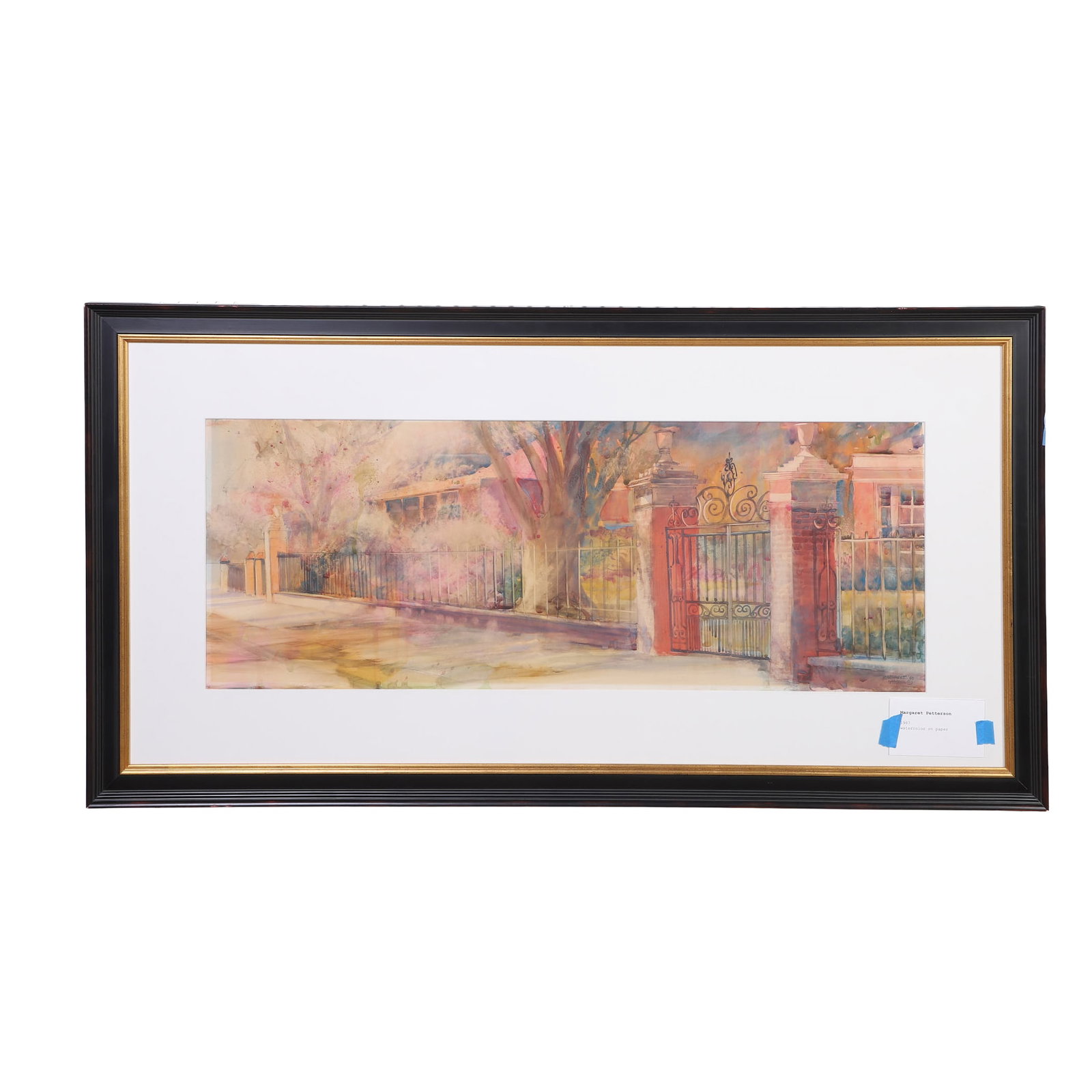 Petterson, Margaret (South Carolina Contemporary): Margaret Petterson South Carolina Contemporary Untitled, Streetscape, Iron Gates, 1987 Watercolor on paper 14.25" H x 38.5" W, sight. 26.75" H x 50.75" W, frame.