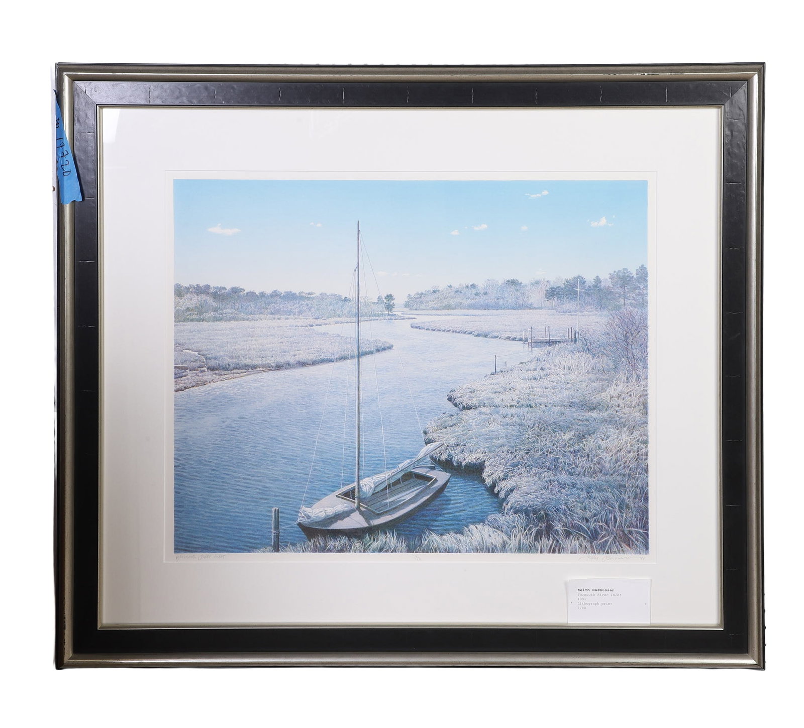 Rasmussen, Keith (American 1948-2006): Keith Rasmussen American 1948-2006 Yarmouth River Inlet, 1991, 7/80 Lithograph Framed under glass. Signed, numbered and titled in pencil. 24" H x 30" W, sight. 37" H x 43" W, frame.