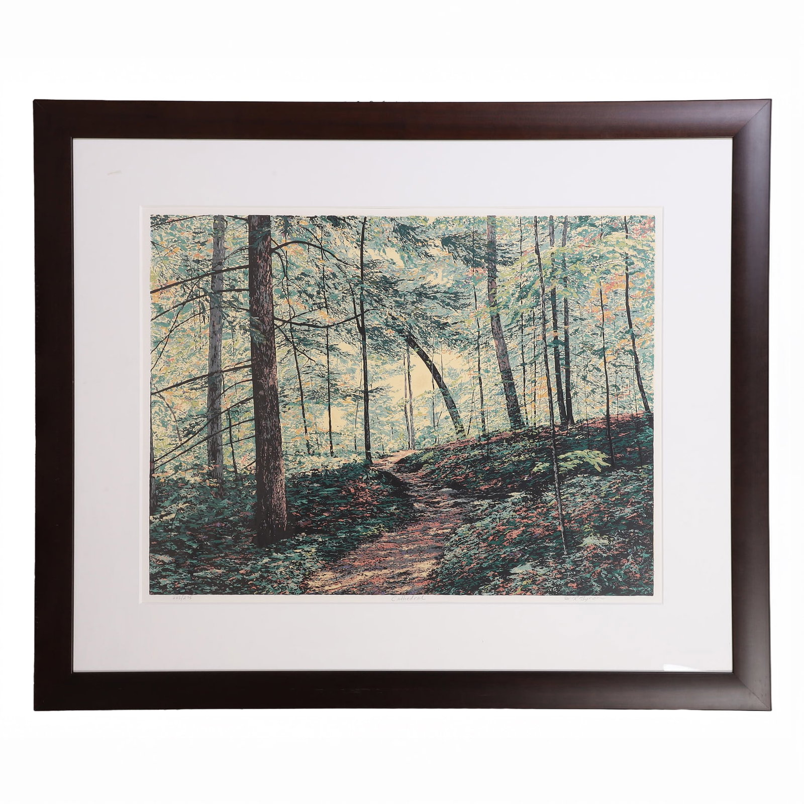 Byram, Raymond: Raymond Byram Cathedral, 1990, 222/275 Serigraph Canopied forest landscape. Framed under glass. Signed, titled, and numbered in pencil. 28" H x 37" W, sight. 43" H x 52" W, frame.