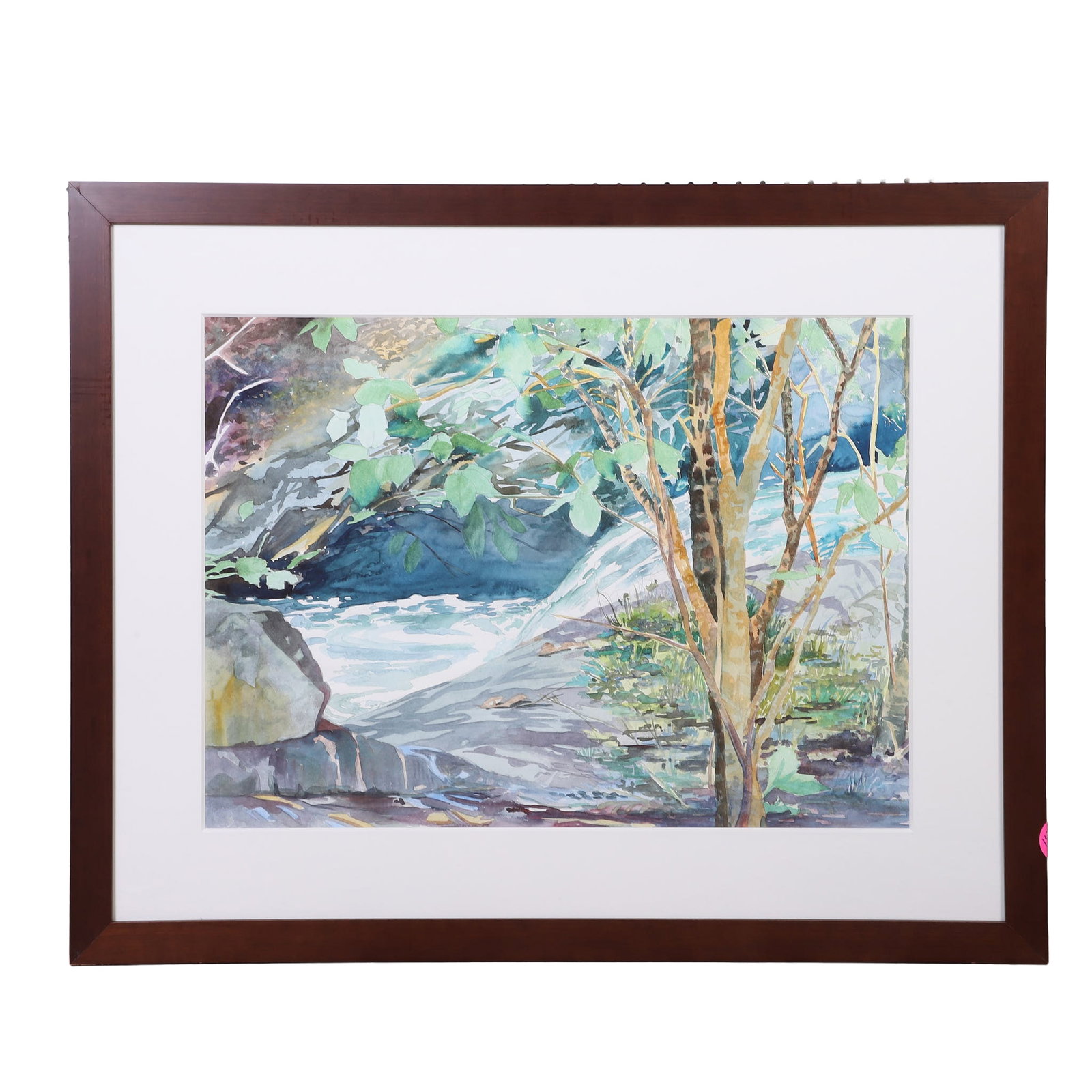 Waterfall Watercolor: Unknown Artist, Landscape Waterfall Watercolor Watercolor on paper An accomplished plein air waterfall landscape watercolor painting with now visible signature. Framed under glass. Bearing an