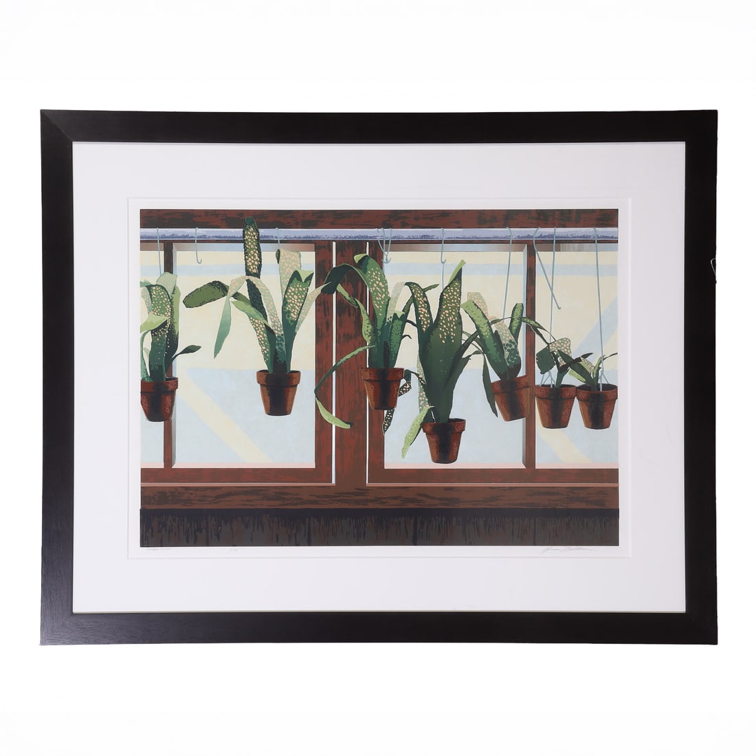 Ballou MacDougall, Anne (American 20th C): Anne Ballou MacDougall American 20th C Greenhouse, 1981 Screenprint Plants hanging in front of greenhouse windows. Of an edition 6/35. Titled and signed Anne Ballou. Image Height: 23 in, Image Width: