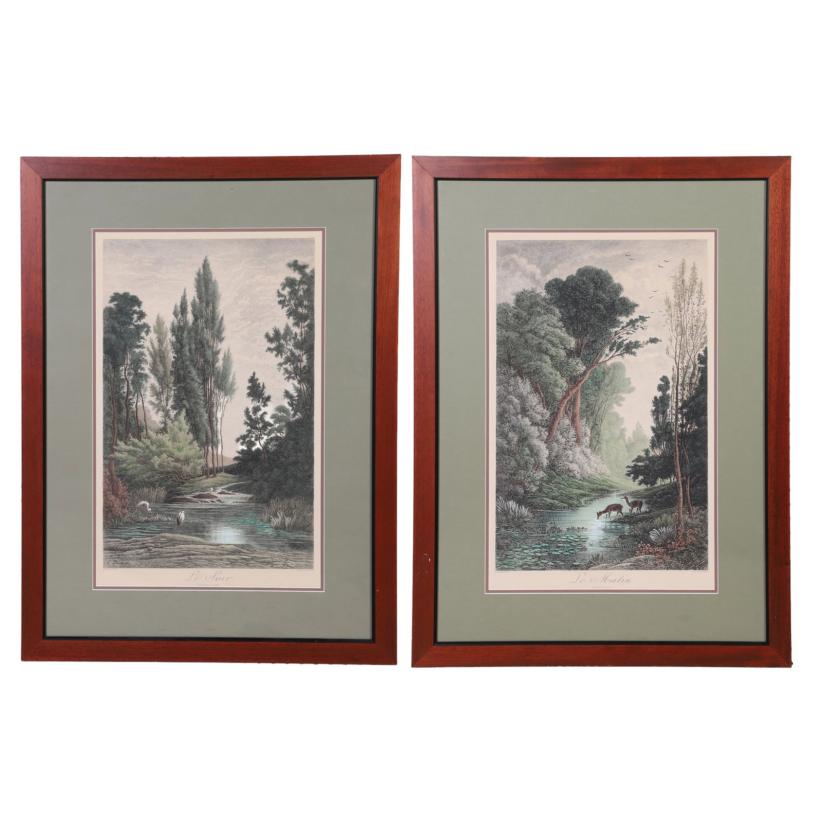 Daubigny, Charles Francis (French 1817-1878): Charles Francis Daubigny French 1817-1878 Le Matin and Le Soir Colored engraving. (2) Colored engravings after Charles Daubigny. Felix Oudart, engraver. Image Height: 25 in, Image Width: 16 in,