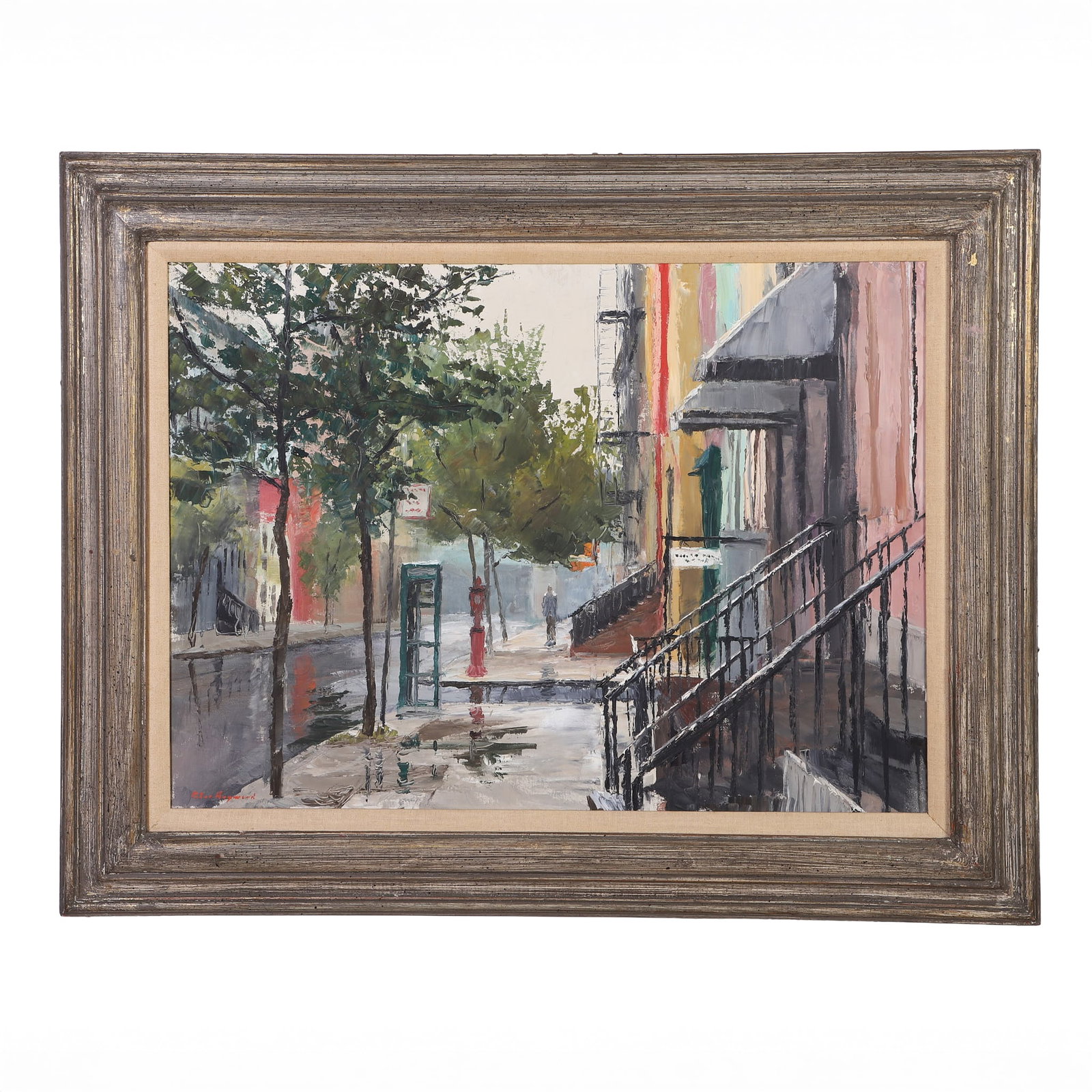 Hayward, Peter (American 1905-1993): Peter Hayward American 1905-1993 The Telephone Booth Oil on canvas Abstract Expressionism New York Street Scene. Bearing a label for Grand Central Art Galleries, Inc., affixed on obverse. 21.5" H x 29