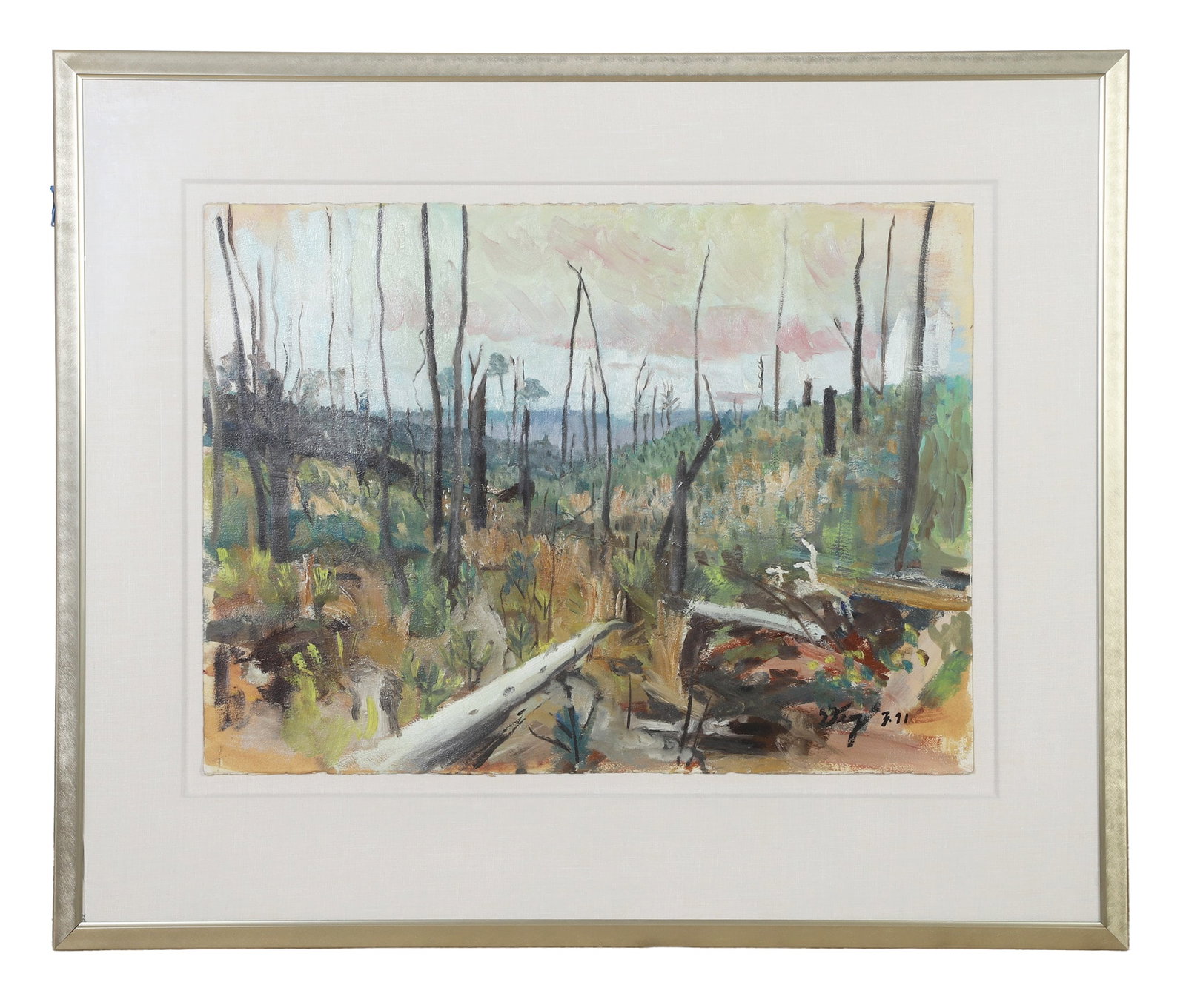 Day, Arless (American b. 1951): Arless Day American b. 1951 Untitled (Landscape) Acrylic Landscape on paper with bare trees. Signed and dated 3.91 Image Height: 22 in, Image Width: 29 3/4 in, Framed Height: 34 3/4 in, Framed Width: 