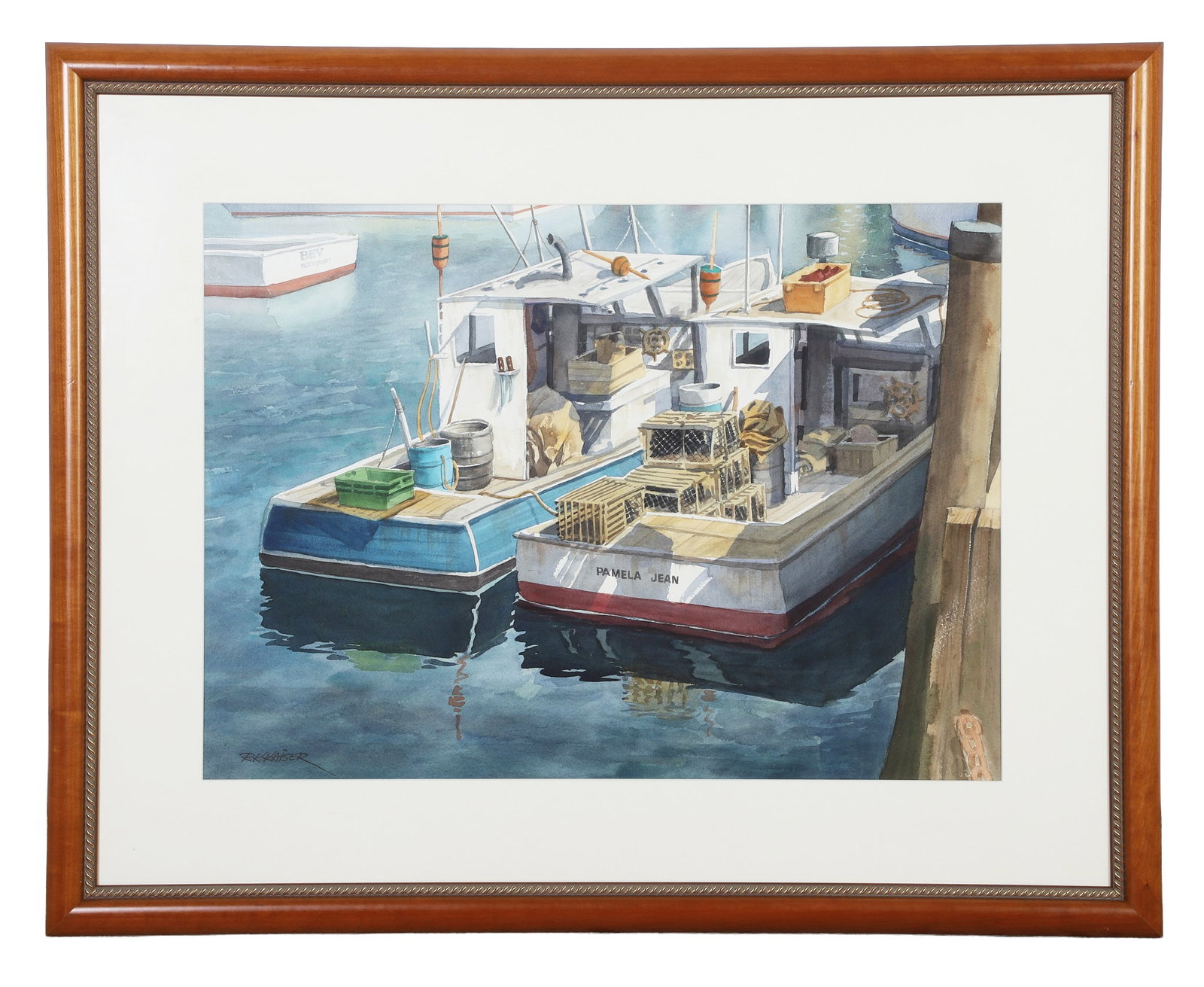 Kaiser, R.K. (American 20th C.): R.K. Kaiser American 20th C. Untitled (Dockside Boats) Watercolor Fishing boats at dock, one named the Pamela Jean. Signed lower left. Image Height: 21 in, Image Width: 29 in, Framed Height: 32 in,
