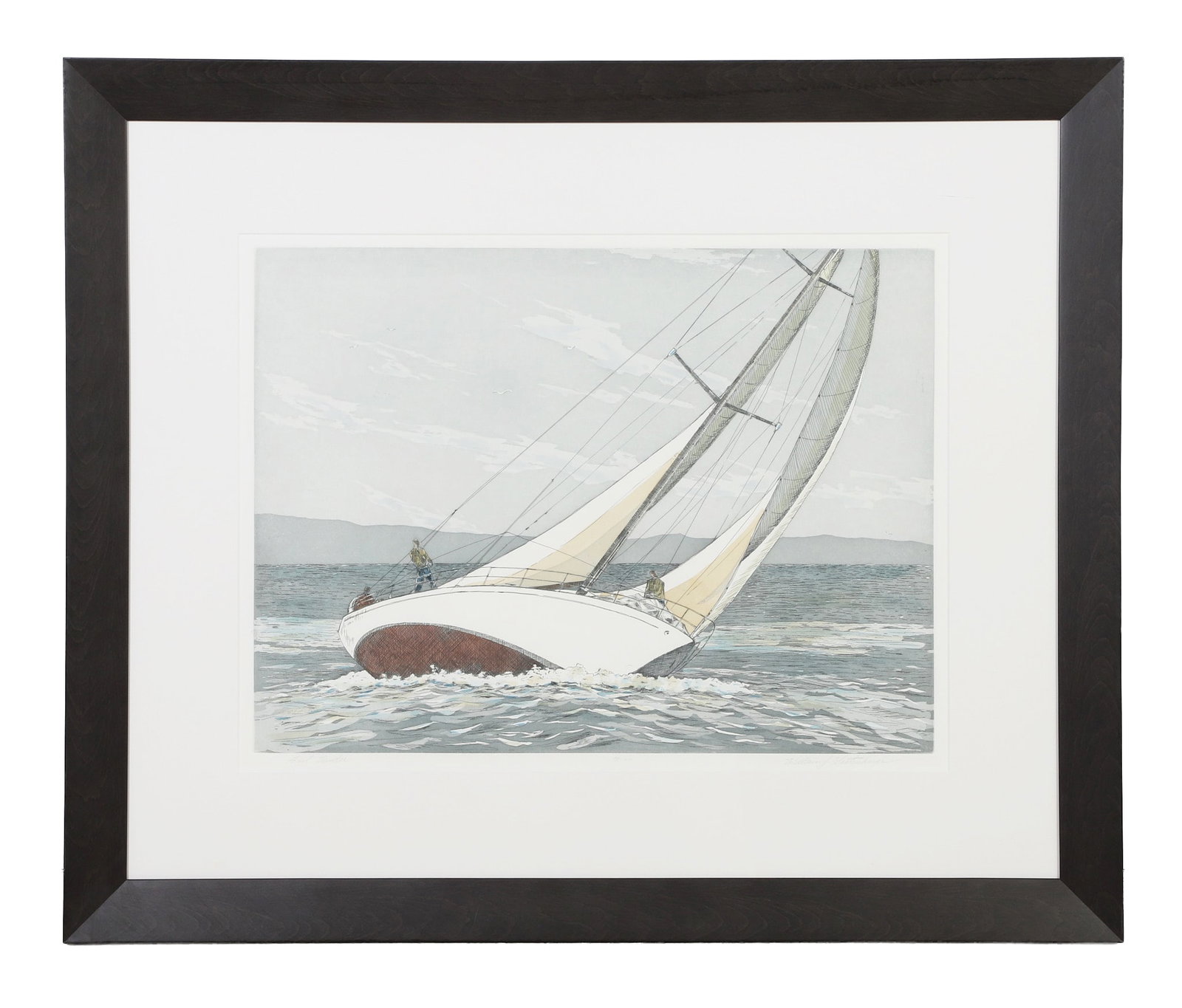 Westenhaver, William John (American 1926-2017): William John Westenhaver American 1926-2017 Rail Under Print. Yachting scene with sailboat heeled over. Of an edition 98/200. Pencil signed. Framed under glass. Westenhaver was the owner of Witco and