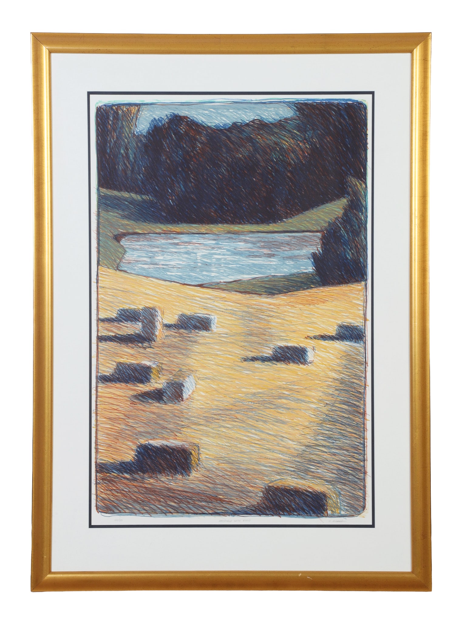 Marsh, Robert (American 20th C): Robert Marsh American 20th C Hayfleld with Pond Colored Lithograph Of an edition 26/50. Pencil signed. Framed under glass. Image Height: 33 1/2 in, Image Width: 22 in, Framed Height: 43 in, Framed Wid