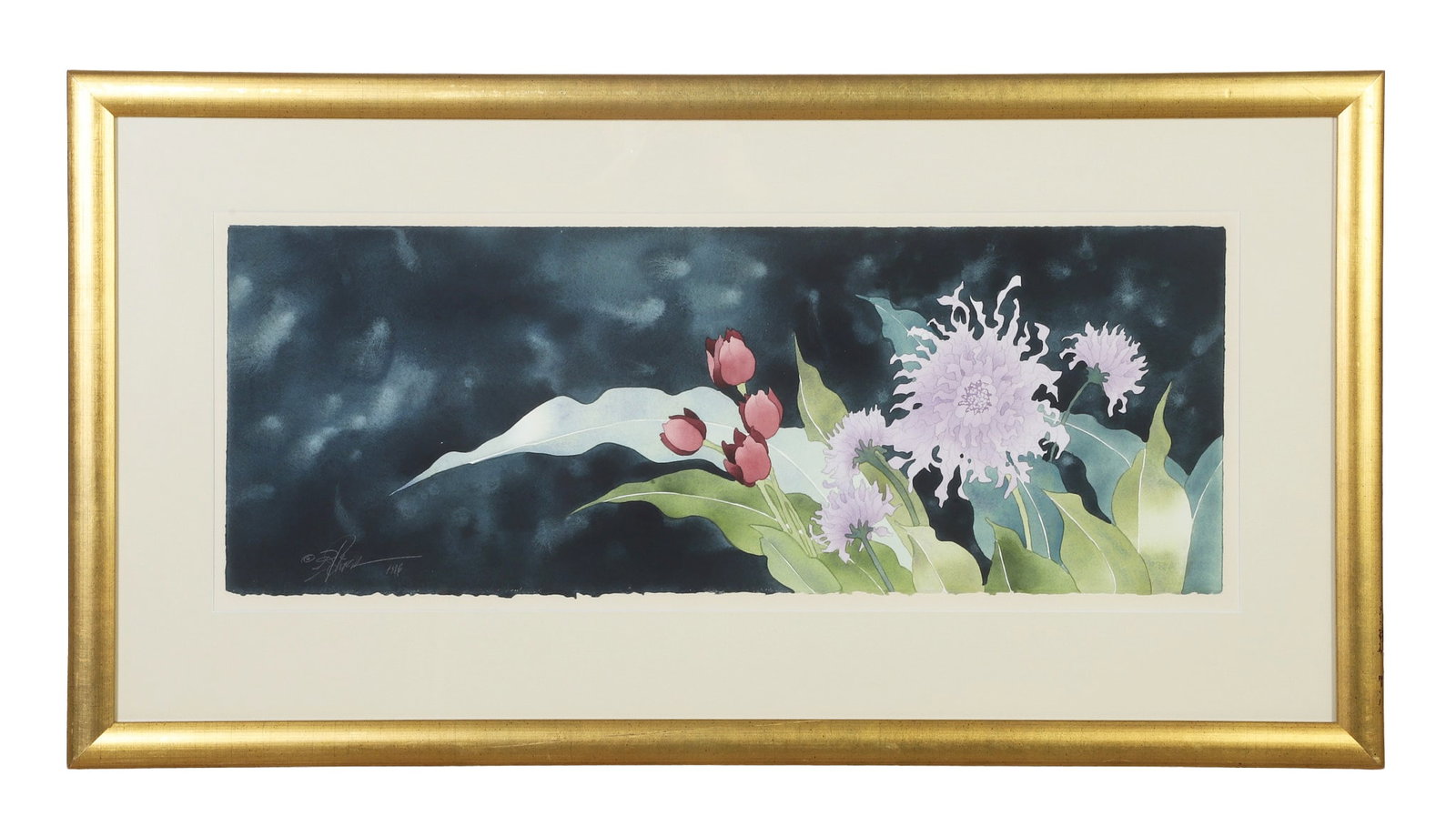 Shirr, R., Botanical Watercolor: Botanical Watercolor, 1986 Artist unknown. Signed indistinctly. Endearing nonetheless. Framed under glass. Image Height: 10 1/2 in, Image Width: 30 in, Framed Height: 20 1/2 in, Framed Width: 39 in