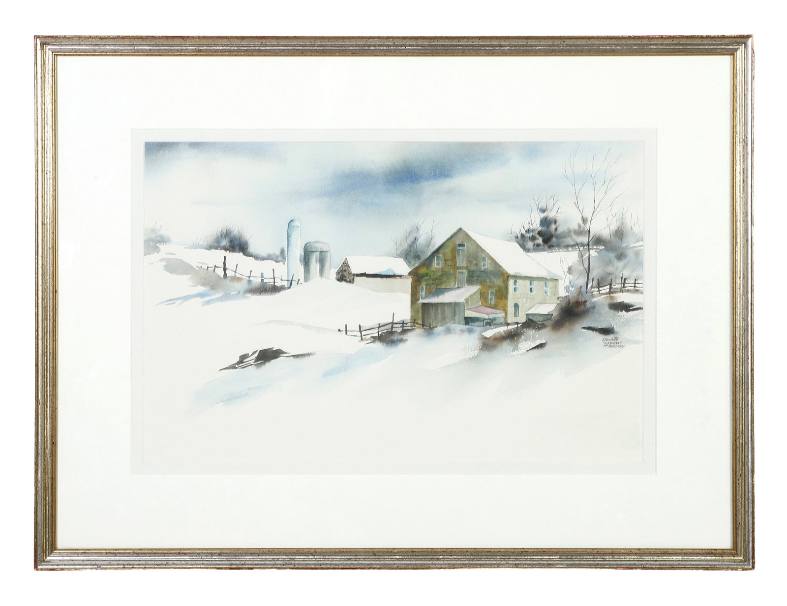 Simmons McQueeney, Charlotte (American 1930-2012): Charlotte Simmons McQueeney American 1930-2012 Untitled (Landscape) Watercolor Winter farmstead with home, barn etc. Signed lower right hand corner. Framed under glass. Image Height: 12 in, Image
