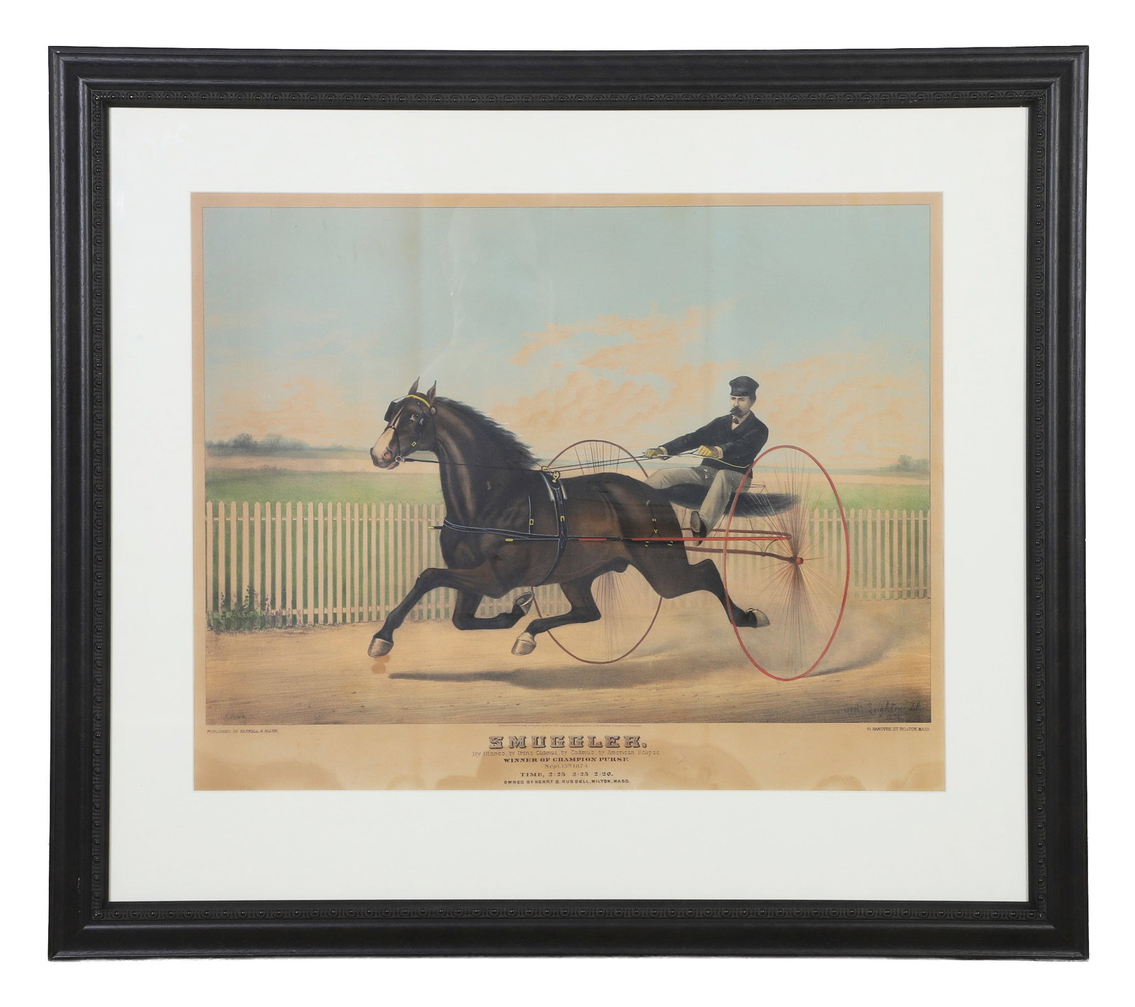 After Scott Leighton, Smuggler: After Scott Leighton, Smuggler, 1874 Hand colored lithograph. Champion sulky race horse. Published by Haskell and Allen. Engraved by ER Howe. Framed under glass Image Height: 20 1/2 in, Image Width: