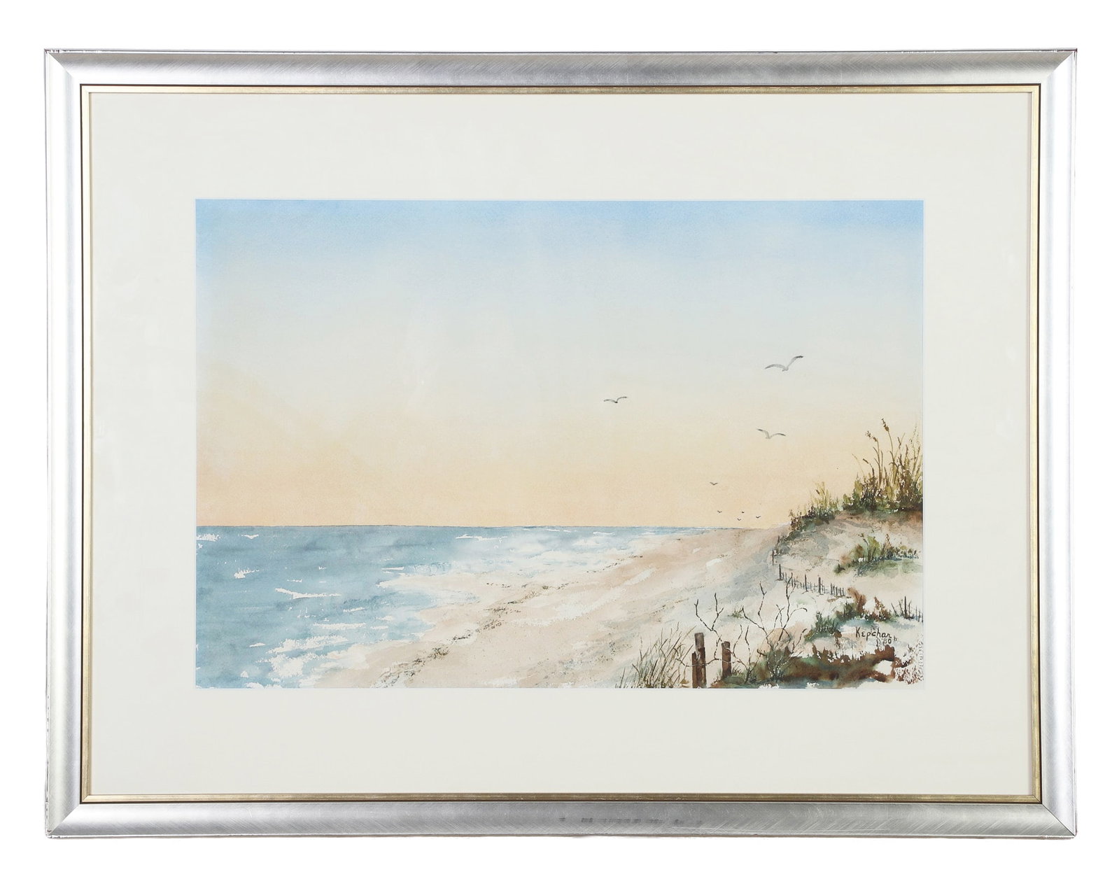 Kepchar, Frances Fox (American 1927-2008): Frances Fox Kepchar American 1927-2008 Untitled (Beach) Watercolor Scene of shore with waves, dunes with sea grass and seagulls overhead. Signed lower right and dated '80. Image Height: 14 1/4 in,