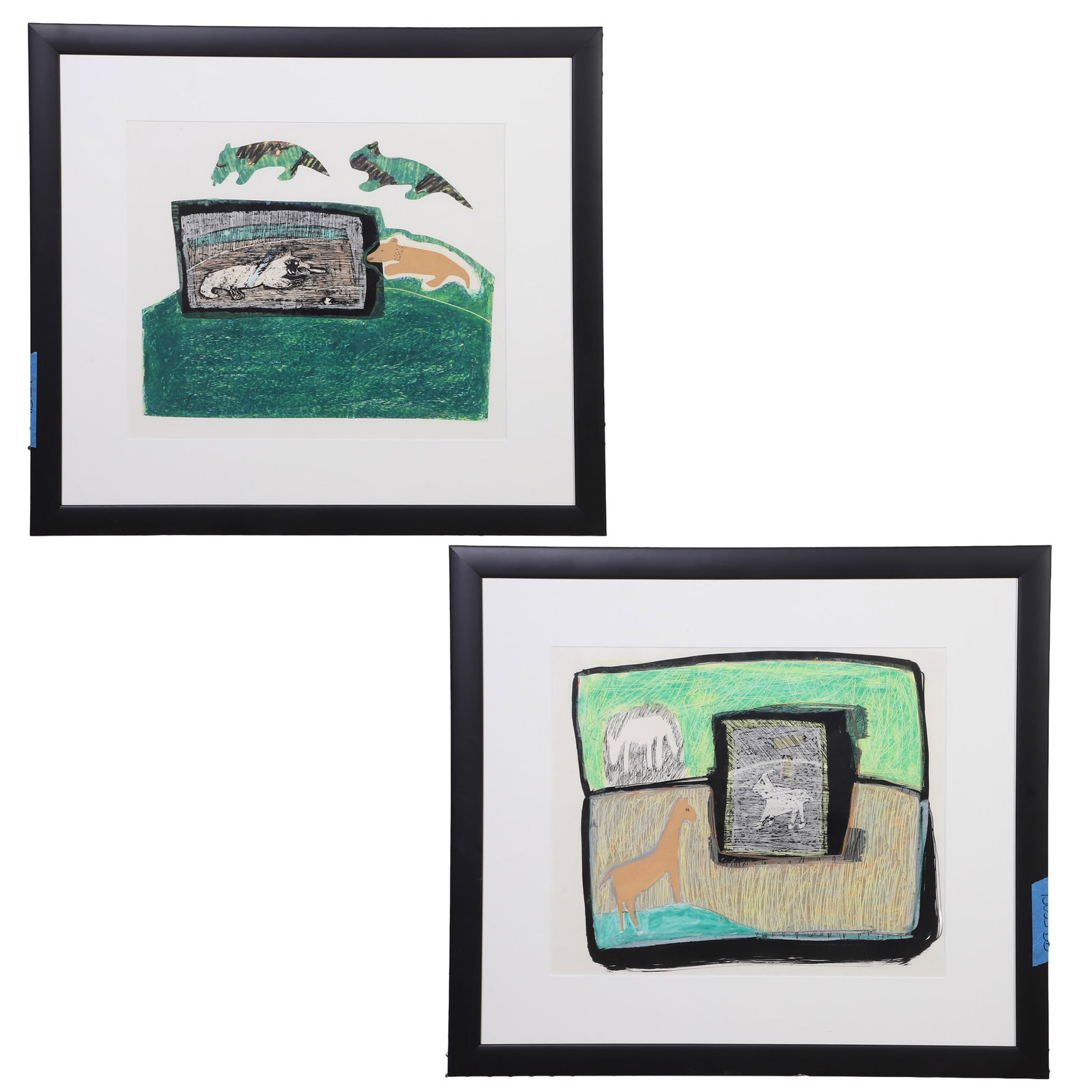 Hoeschen, Louise (American b. 1945): Louise Hoeschen American b. 1945 (2) Works, Alligators and Three Friends Mixed media with collage Two collages. SIgned. 26" H x 29" W, frame. Image Height: 16 1/2 in, Image Width: 18 1/2 in